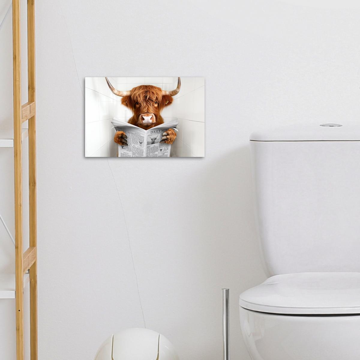 LEINWANDBILD Schottischer Highlander - Tier - Zeitung - Toilette Deko Schlafzimmer 30x20 cm - Kastanienfarben, Textil (30/20cm) - MuchoWow