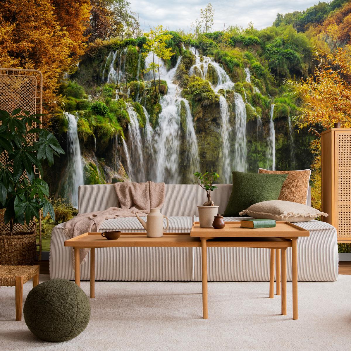 FOTOTAPETE für Esszimmer Exotischer Wasserfall Herbstbaum 450x315 - Gelb/Beige, Papier (450/315cm) - Muralo