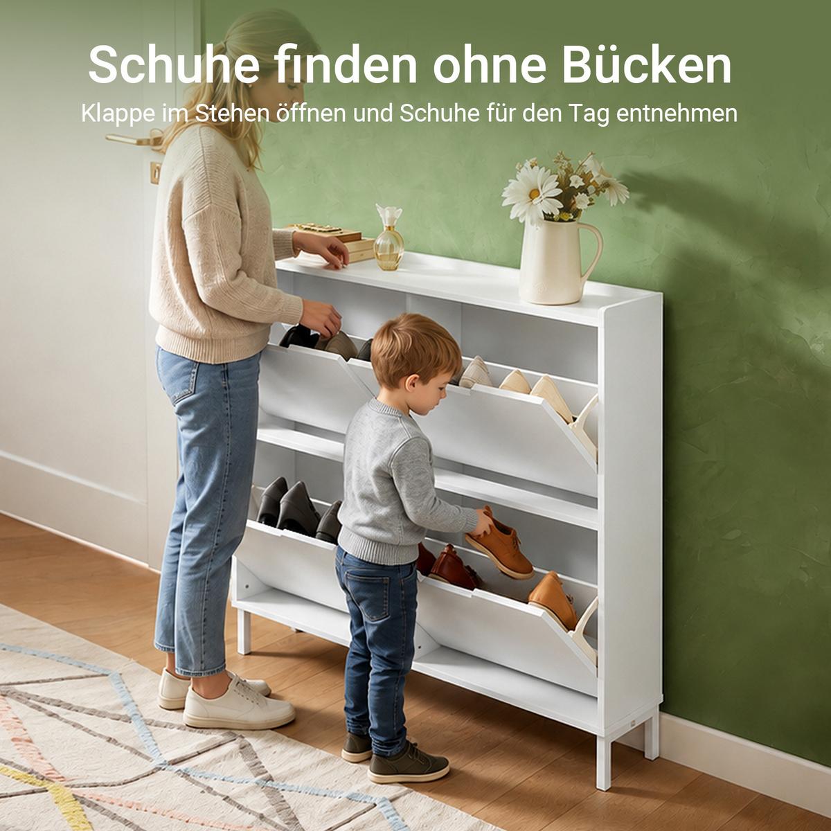SCHUHKIPPER mit 4 Klappen, schmaler Schuhschrank Weiß, 100x91x19 cm, nur 19 cm tief, skandinavisch, Flur & Diele, - Weiß, Holzwerkstoff/Metall (100/91/19cm) - SoBuy