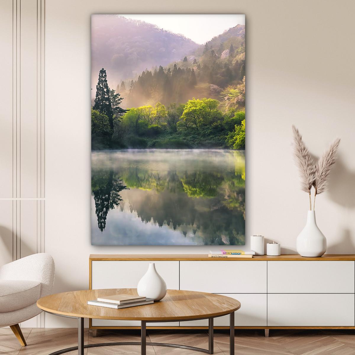 LEINWANDBILD Natur - Bäume - Berge - See - Wasser Deko Groß 90x140 cm - Hellgrün, Textil (90/140cm) - MuchoWow