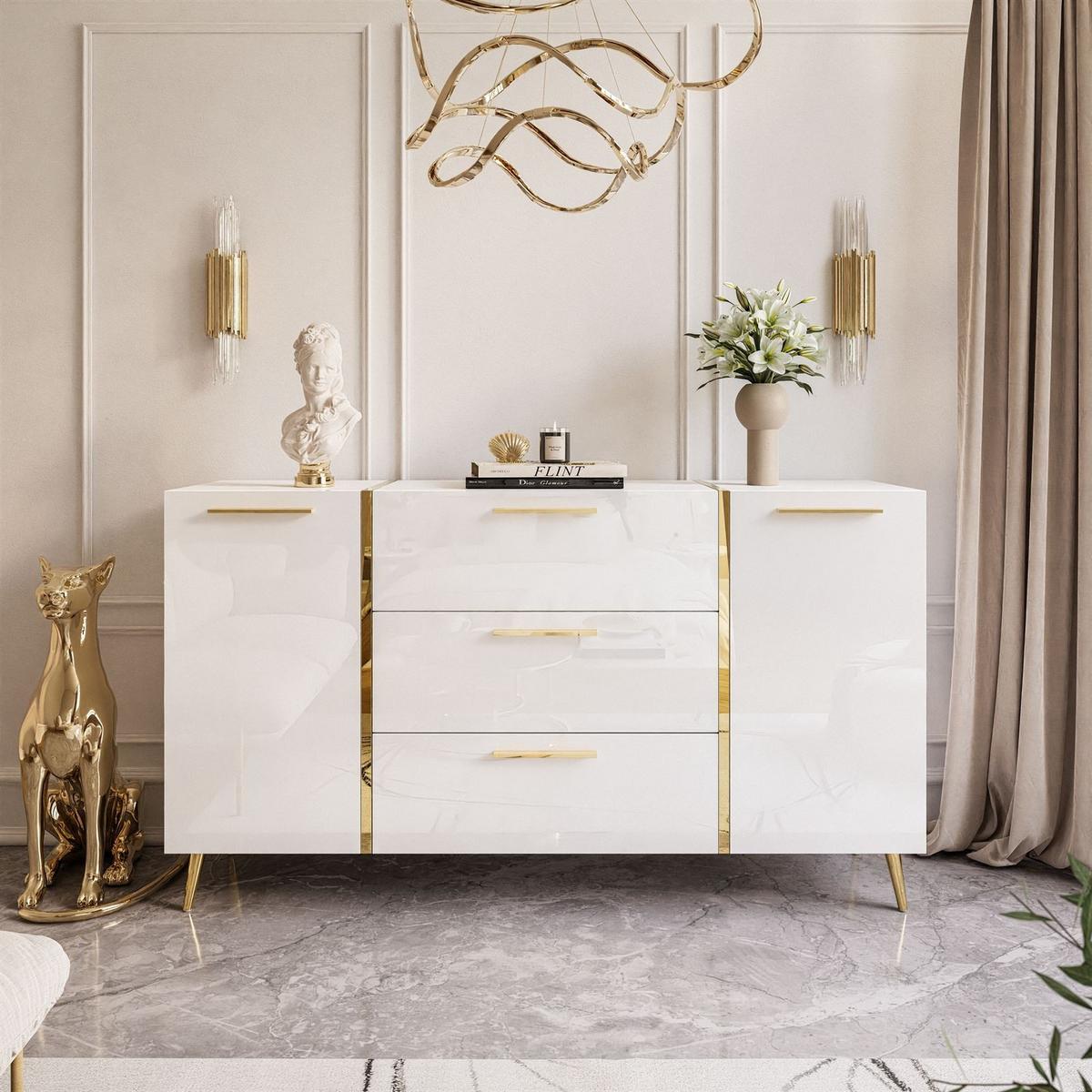 SIDEBOARDS MIT SCHUBLADEN ONYX AUF GOLDENEN BEINEN HOCHGLANZ 158 CM - Weiß, Holzwerkstoff (158/88/41.3cm) - Lookway