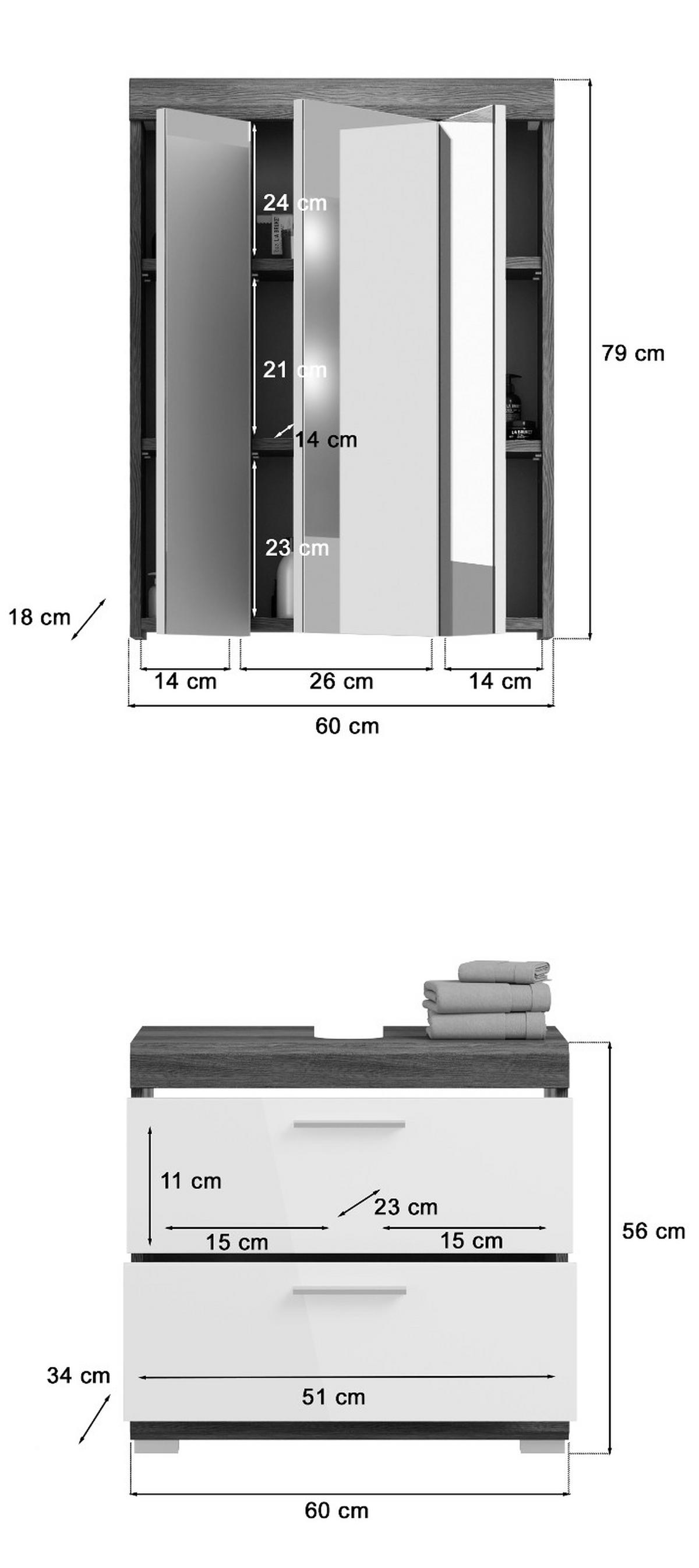 BADMÖBEL-SET weiß Hochglanz, grau 2-teilig 60 cm, Kombination mit Spiegelschrank - Weiß Hochglanz/Grau, Holzwerkstoff (60/191/34cm) - Inn.Furn