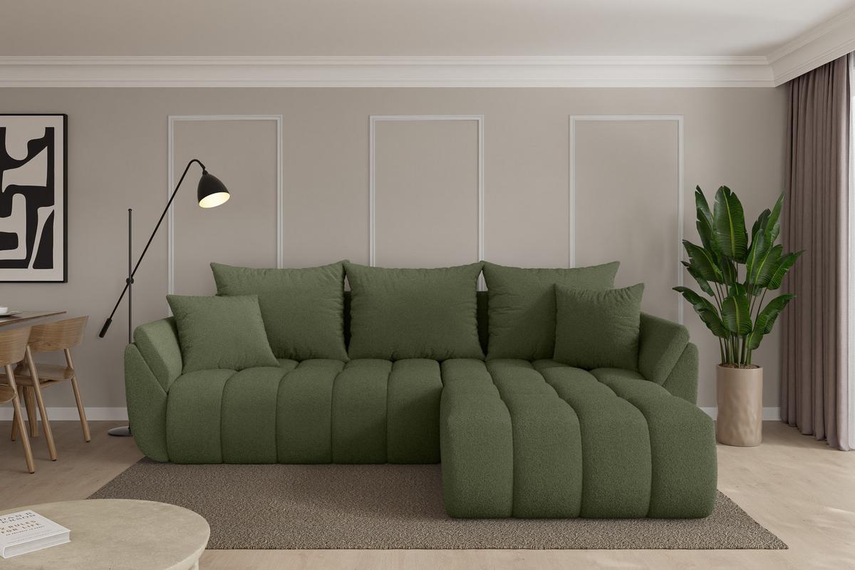 ECKSOFA mit Schlaffunktion Ottomane Rechts TOKO-L-v1 277x194x86 Grün Bouclé - Schwarz/Olivgrün, Holzwerkstoff/Kunststoff (277/194cm) - ALTDECOR