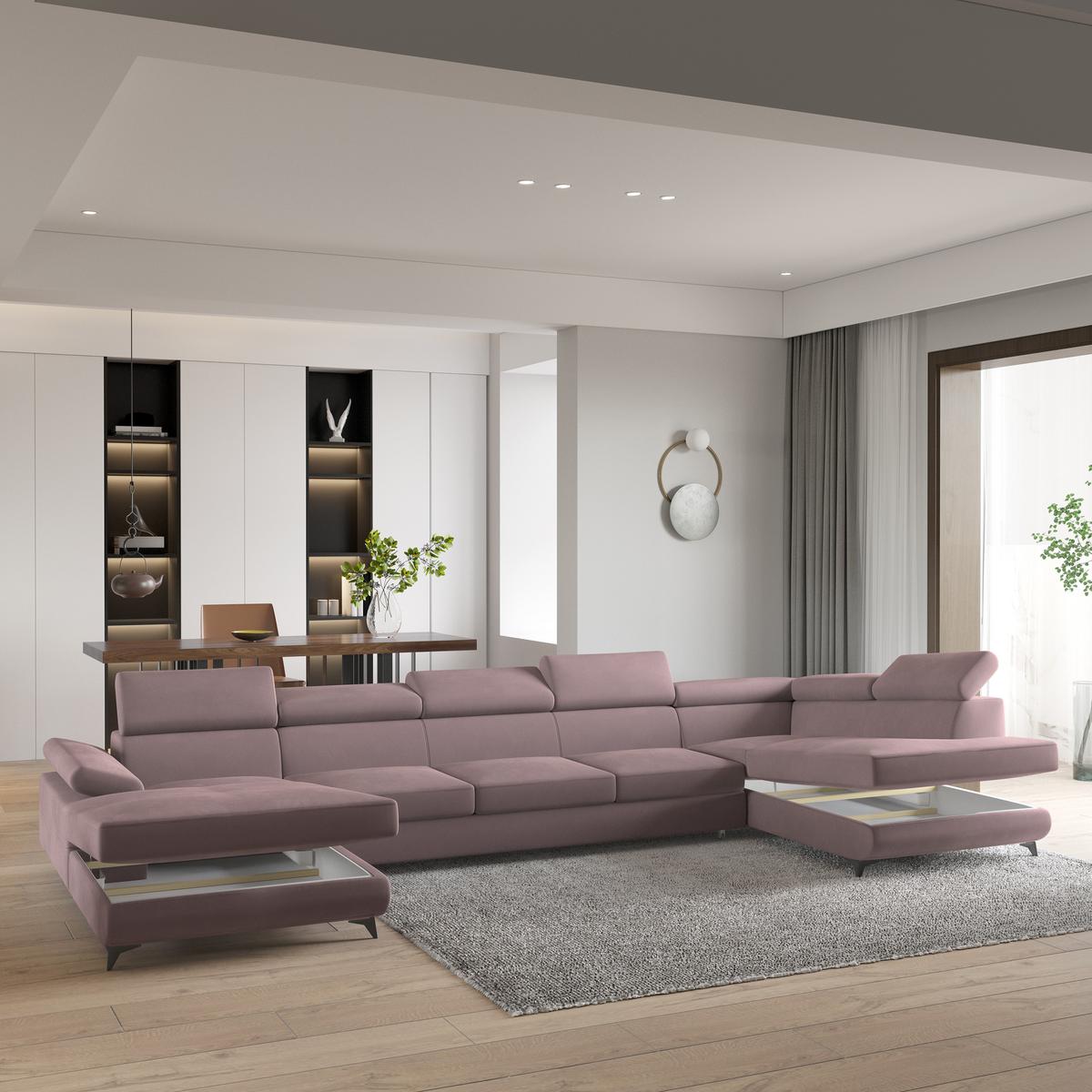 WOHNLANDSCHAFT MONTIVA Lila Velours-Stoff mit Schlaffunktion - Lila, Holz (410/89/190cm) - MASSENO