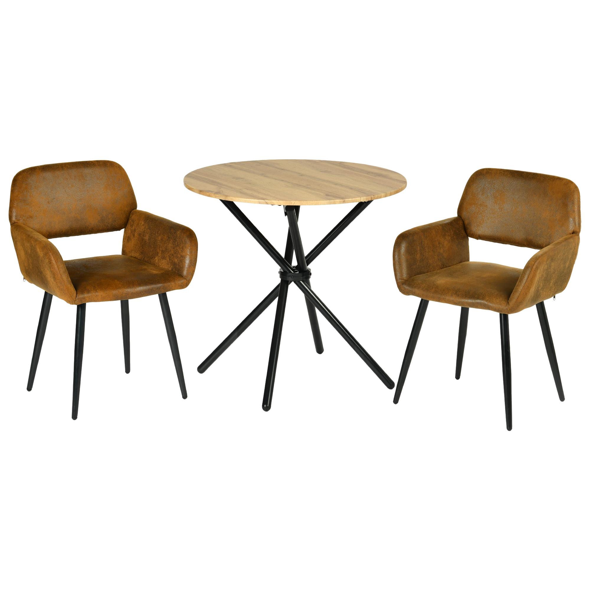 ESSZIMMER SET – 1 Tisch + 2 Stühle – Holzoptik & Wildleder - Braun, Holzwerkstoff/Metall (80/75/80cm) - Urban Meuble