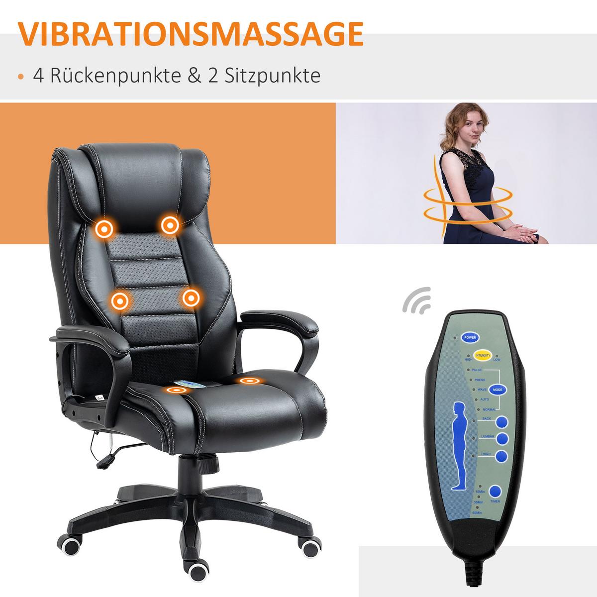 BÜROSTUHL mit Massage, Schwarz - Schwarz, Leder (64/120/74cm) - Vinsetto