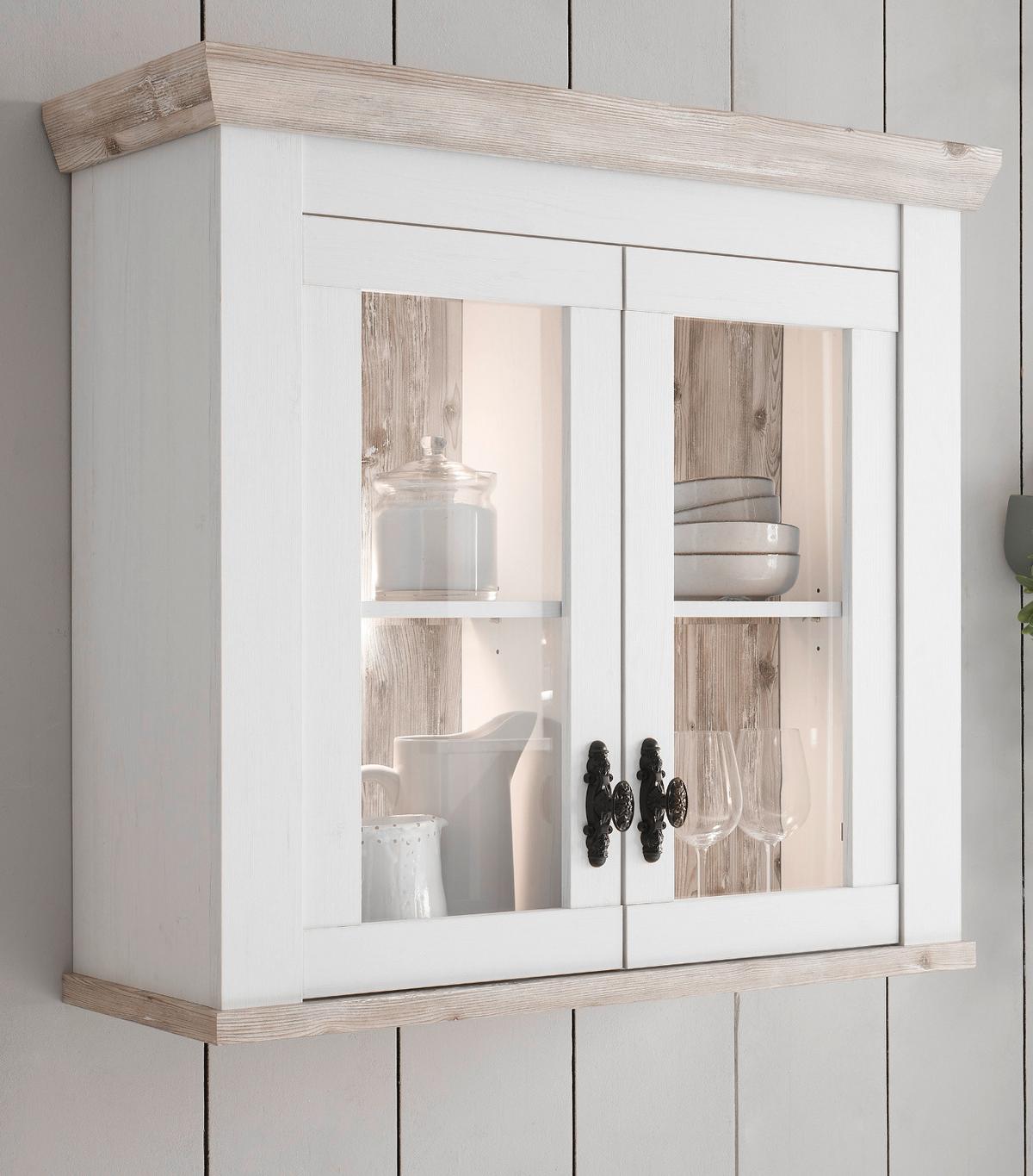 HÄNGESCHRANK weiß Pinie Landhaus, Küchenschrank hängend 92 x 85 cm, Soft-Close - Schwarz/Weiß, Glas/Holzwerkstoff (92/85/34cm) - Furn.Design