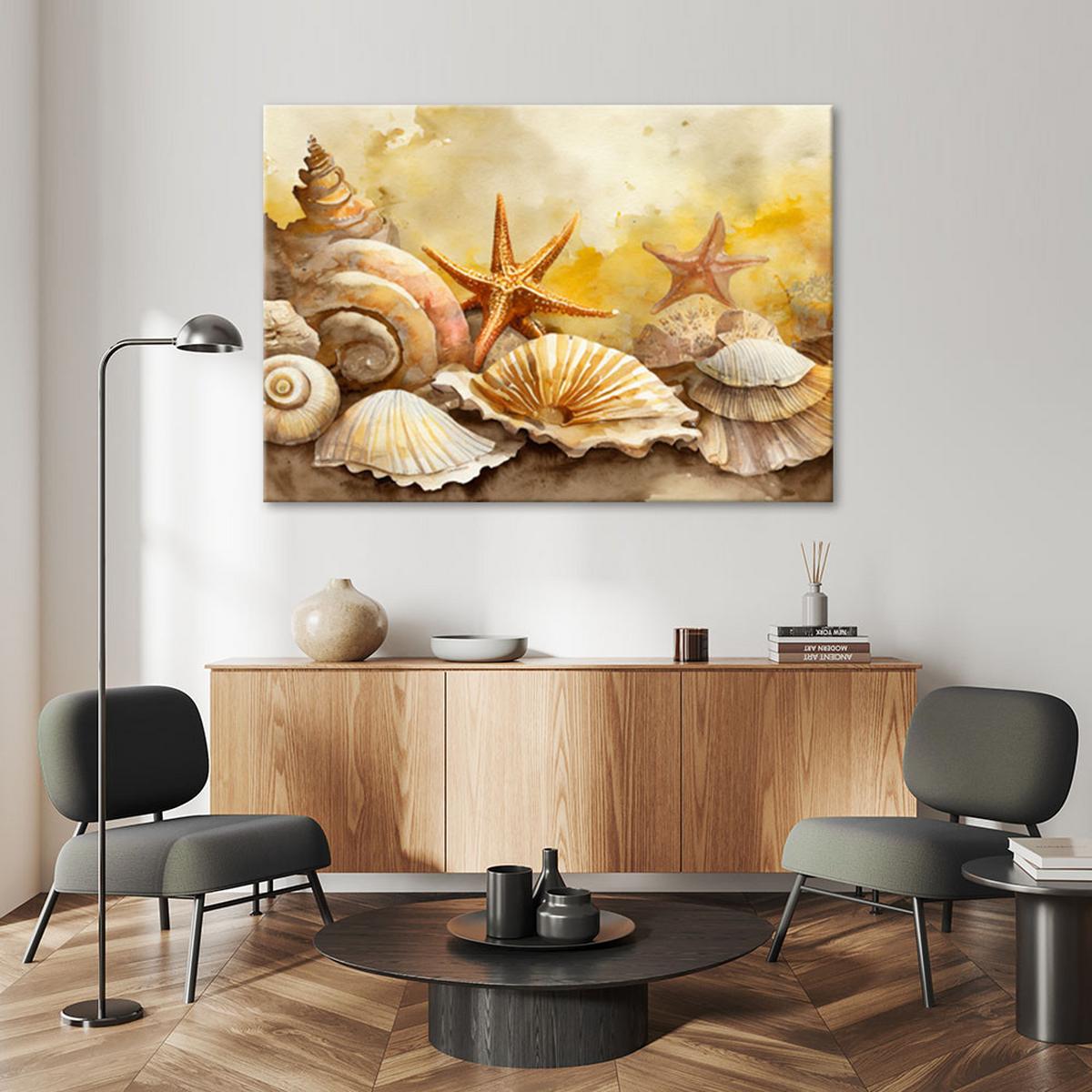LEINWANDBILD Muscheln und Seesterne gemalt 90x60cm - Gelb, Textil (90/60cm) - Feeby