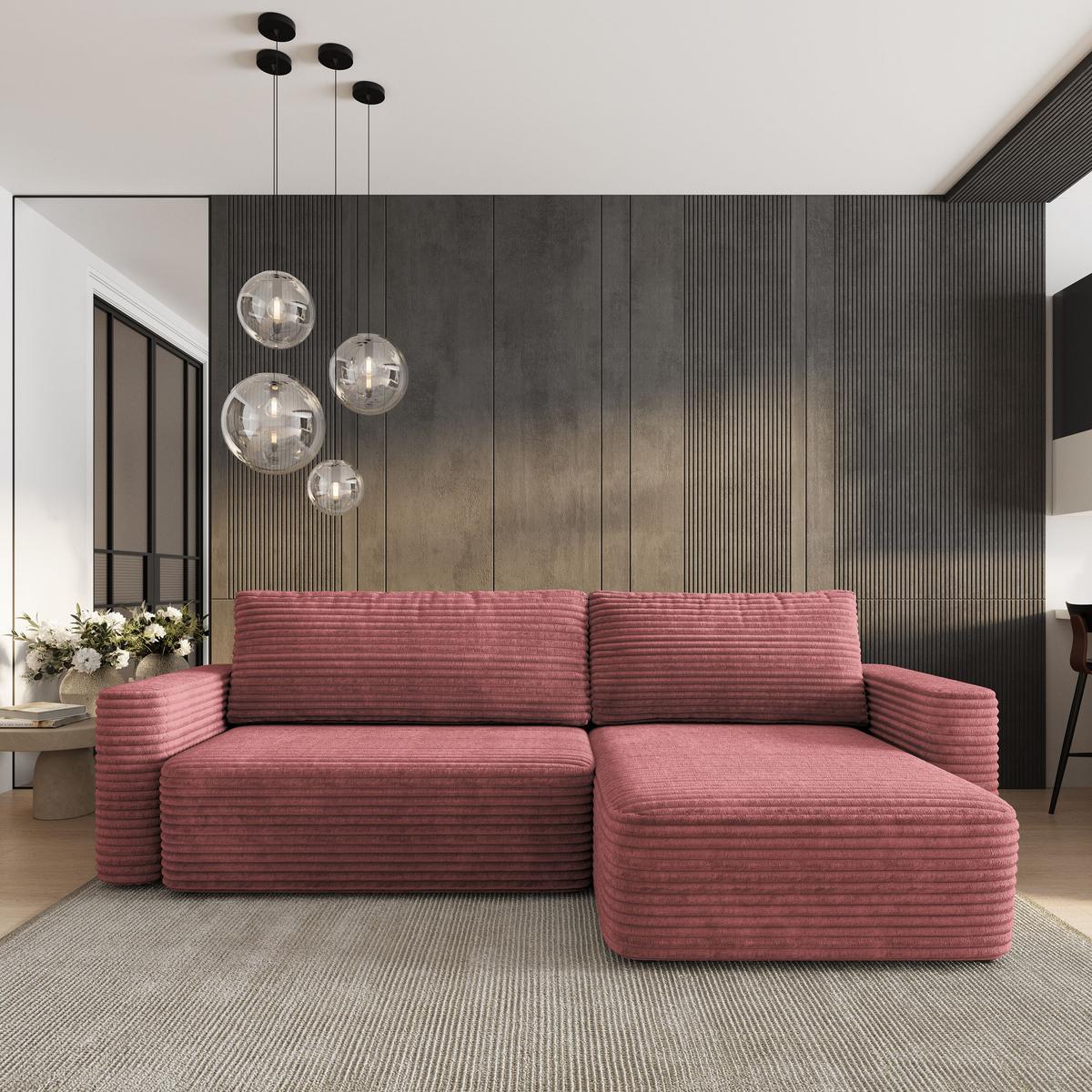 ECKSOFA TELIN Rosa Kordstoff mit Schlaffunktion - Rosa, Holz (280/162cm) - MASSENO