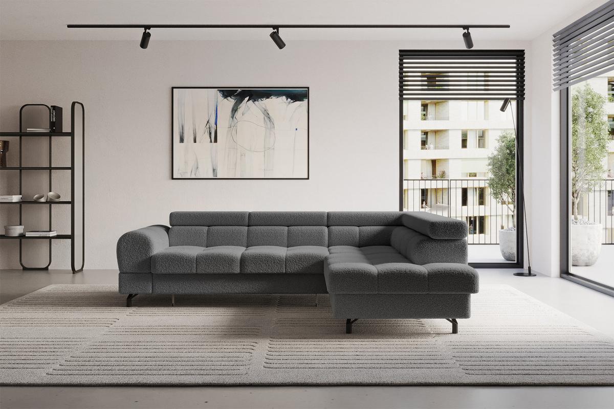 ECKSOFA mit Schlaffunktion Ottomane Rechts LUMA-L 272x203x70 Grau Bouclé - Schwarz/Grau, Holzwerkstoff/Kunststoff (203/272cm) - ALTDECOR