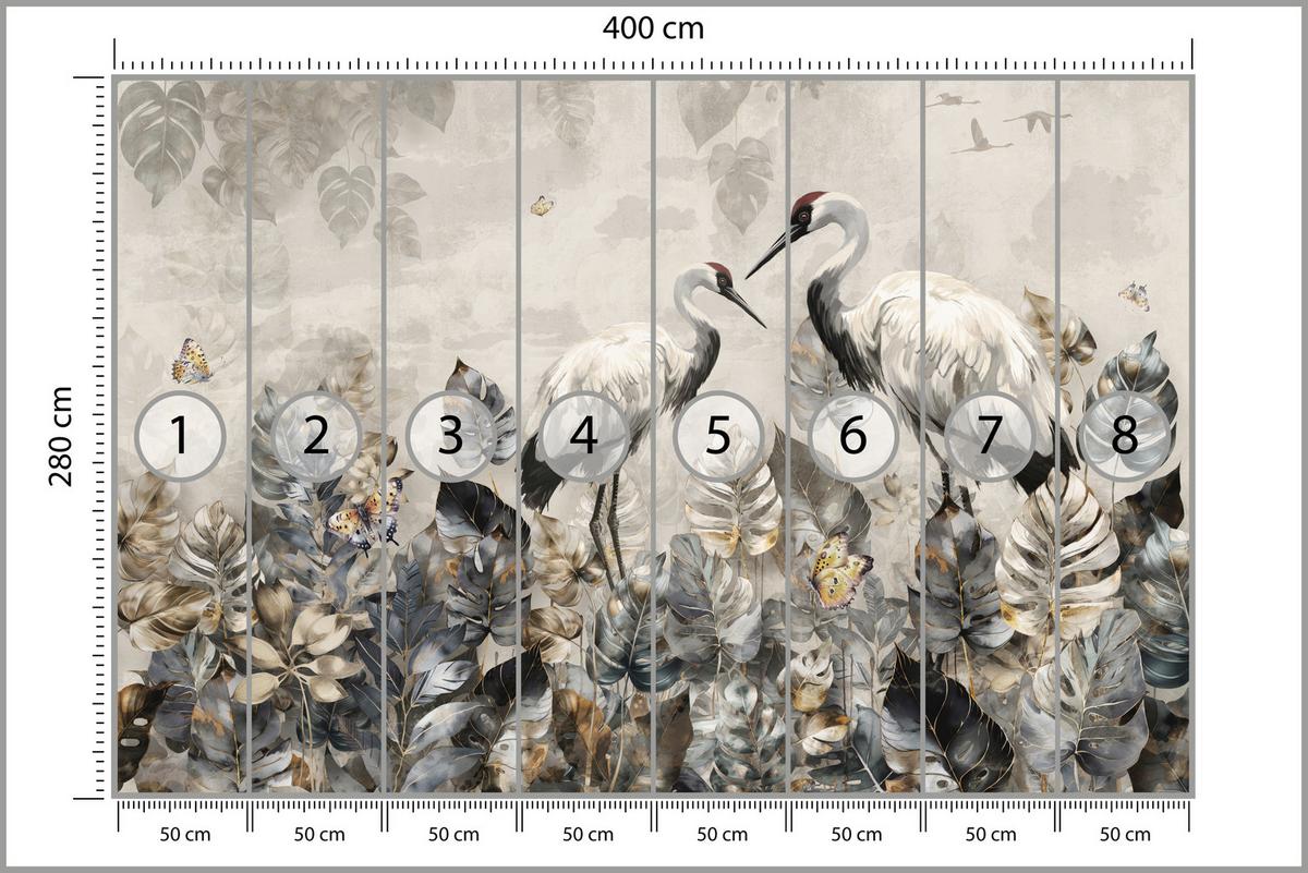 FOTOTAPETE für Wohnzimmer Kraniche Abstrakten Blättern Retro Natur 400x280 - Grau, Papier (400/280cm) - Muralo