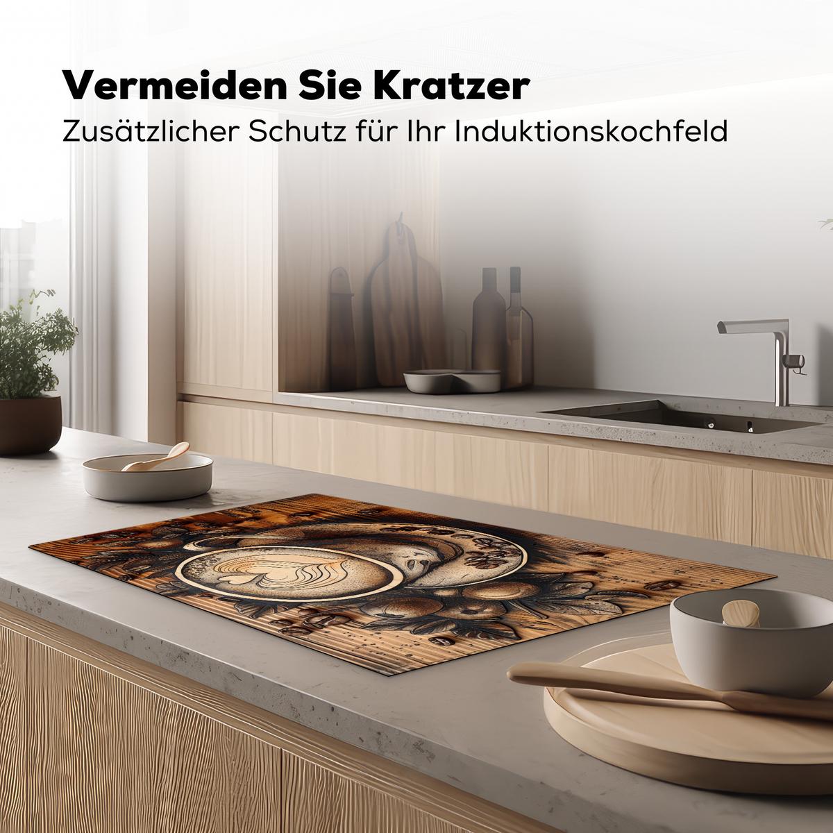 HERDABDECKPLATTE Kaffee - Vintage - Braun - Tasse - Holz Ceranfeldabdeckung 85x52 cm - Cappuccino, Kunststoff (85/52/0.2cm) - MuchoWow