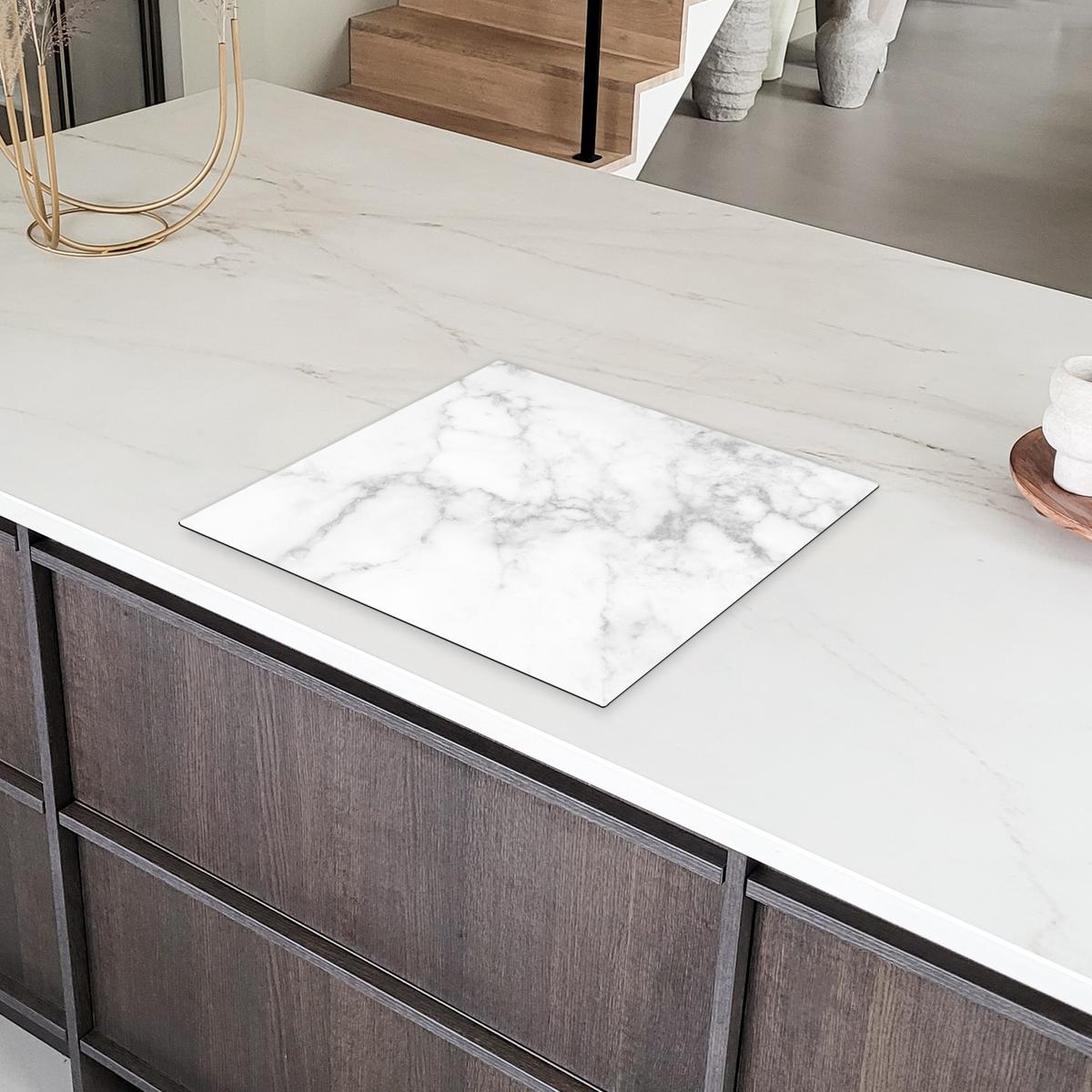 HERDABDECKPLATTE Marmor - Grau - Weiß - Strukturierter Marmor Abdeckung Ceranfeld 58.3x51.3 cm - Weiß, Kunststoff (58.3/51.3/0.2cm) - MuchoWow