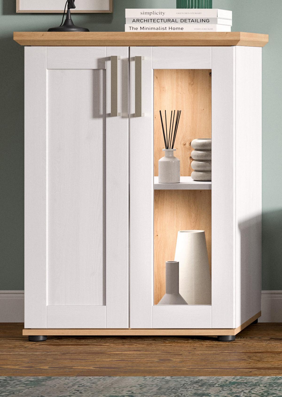 VITRINE weiß Lärche, Eiche Artisan 64 x 88 cm, Kommode im Landhaus-Stil - Silberfarben/Schwarz, Holzwerkstoff/Kunststoff (64/88/37cm) - Inn.Furn