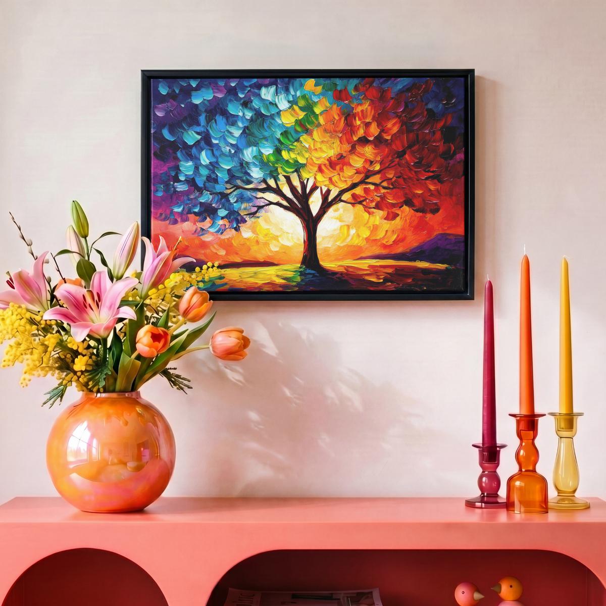 LEINWAND Bilder mit Rahmen - Baum - Kunst - Natur - Sonnenuntergang - 30x20 - Multicolor, Textil (30/20cm) - MuchoWow