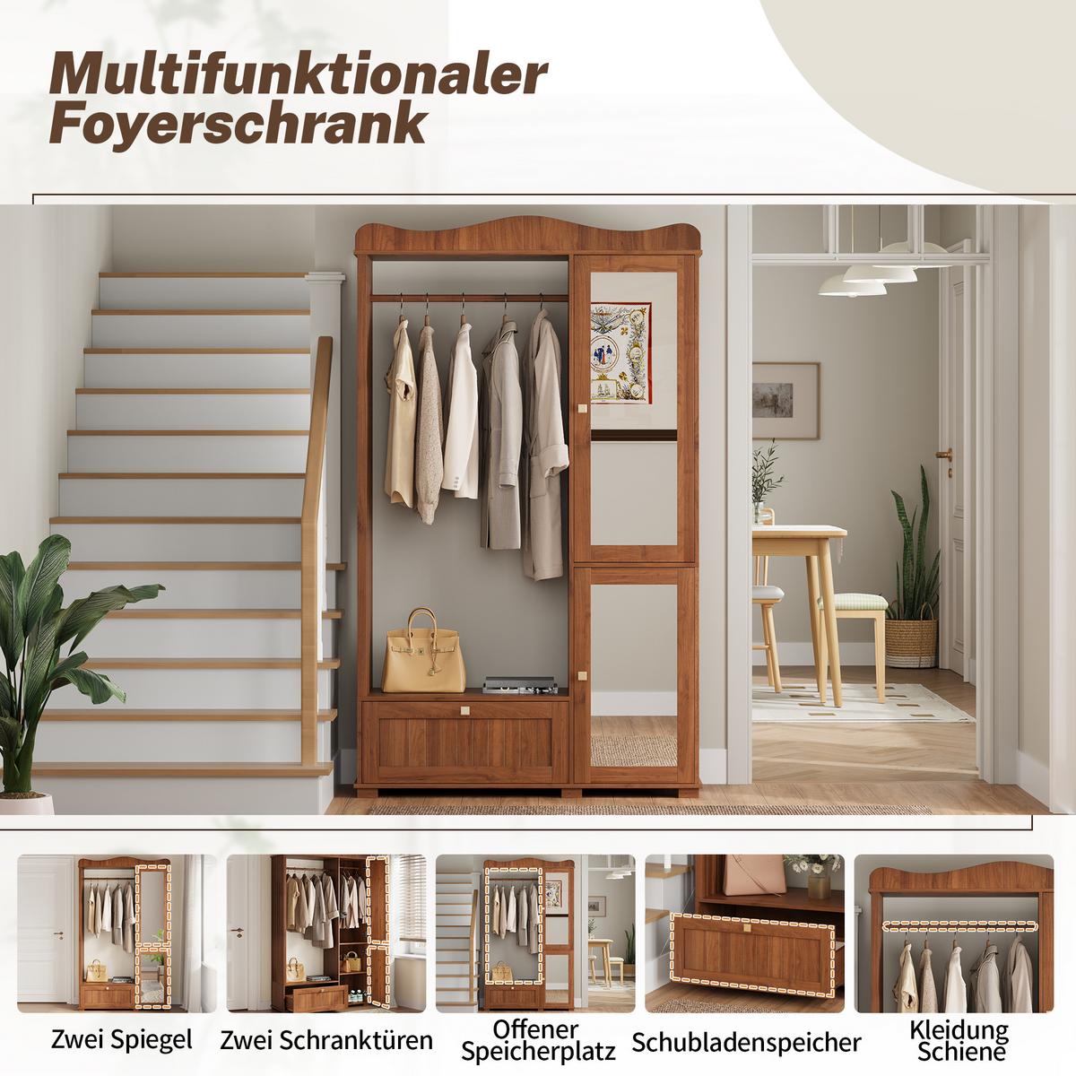 GARDEROBENSCHRANK in walnuss-optik mit spiegel & kleiderstange - Walnussfarben, Holzwerkstoff (115.5/194.5/38.5cm) - Urban Meuble