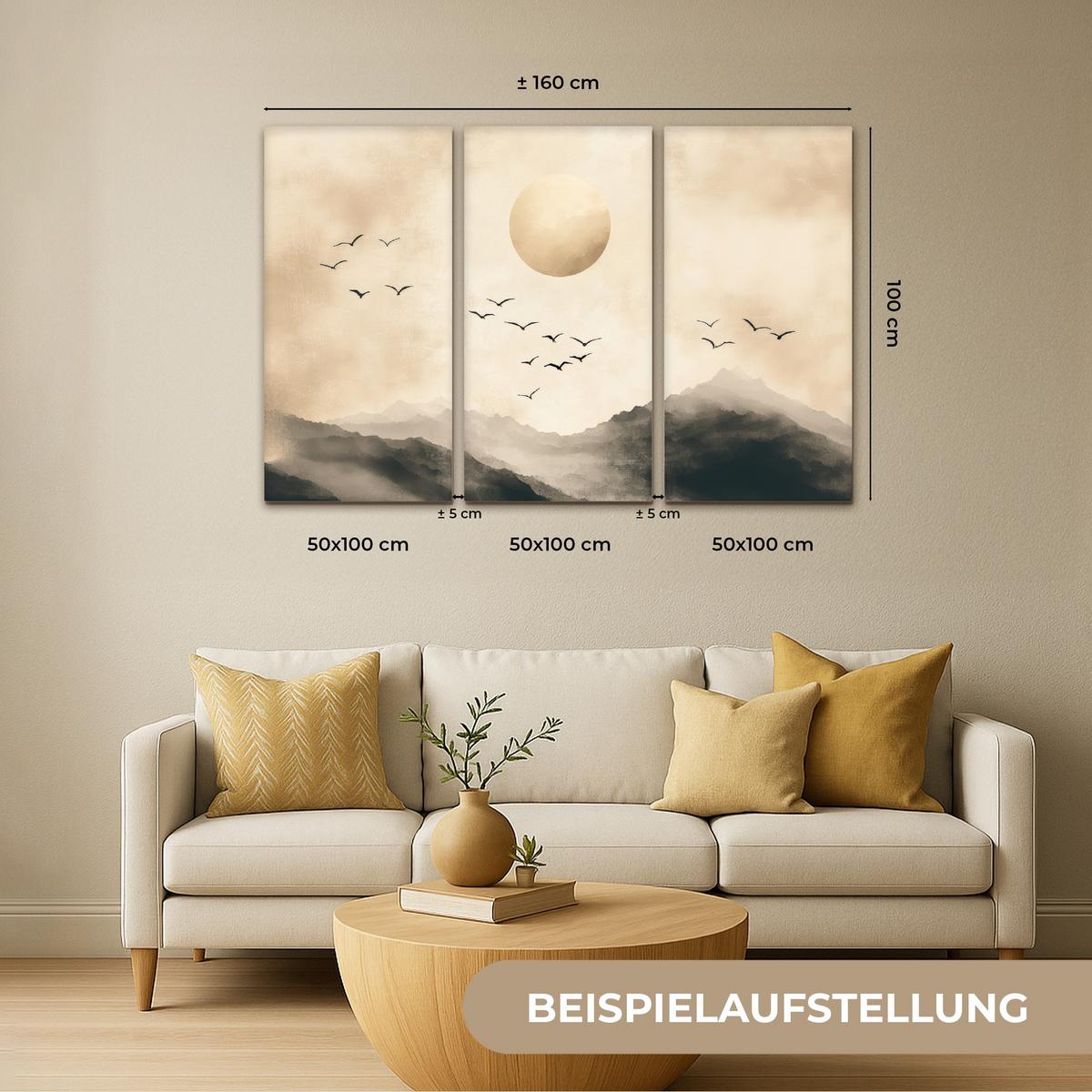 LEINWANDBILD 3er Set Landschaft - Japandi - Beige - Vögel 180x120 cm - Beige, Textil (180/120cm) - MuchoWow