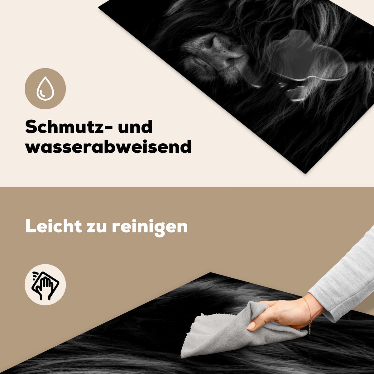 HERDABDECKPLATTE Schottischer Highlander - Kuh - Schwarz - Weiß - Tiere Induktionsschutz 91.2x52 cm - Schwarz, Kunststoff (91.2/52/0.2cm) - MuchoWow