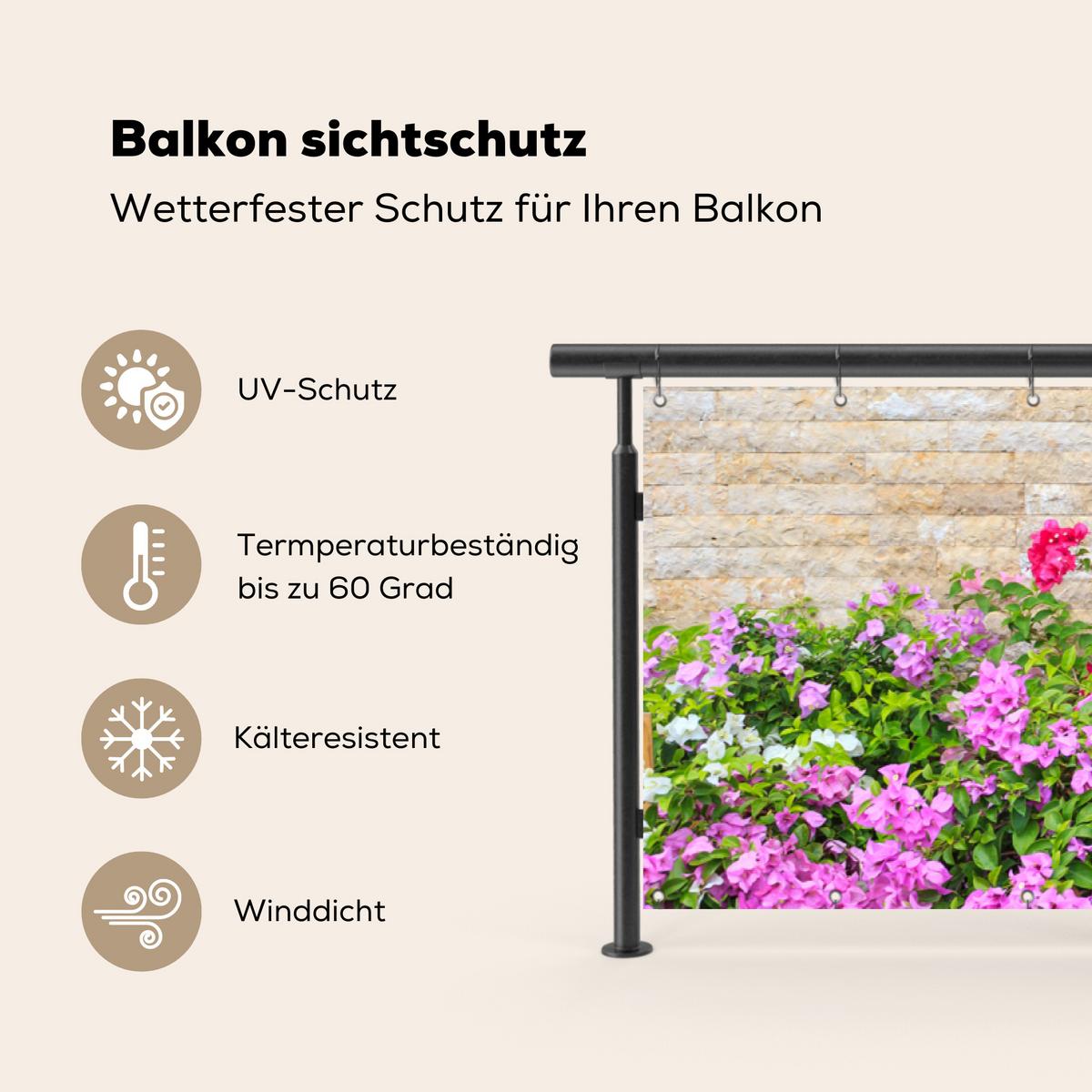 BALKON-SICHTSCHUTZ Blumen - Pflanzen - Blätter - Steine Witterungsbeständig 300x75 cm - Pink, Kunststoff (300/75cm) - MuchoWow