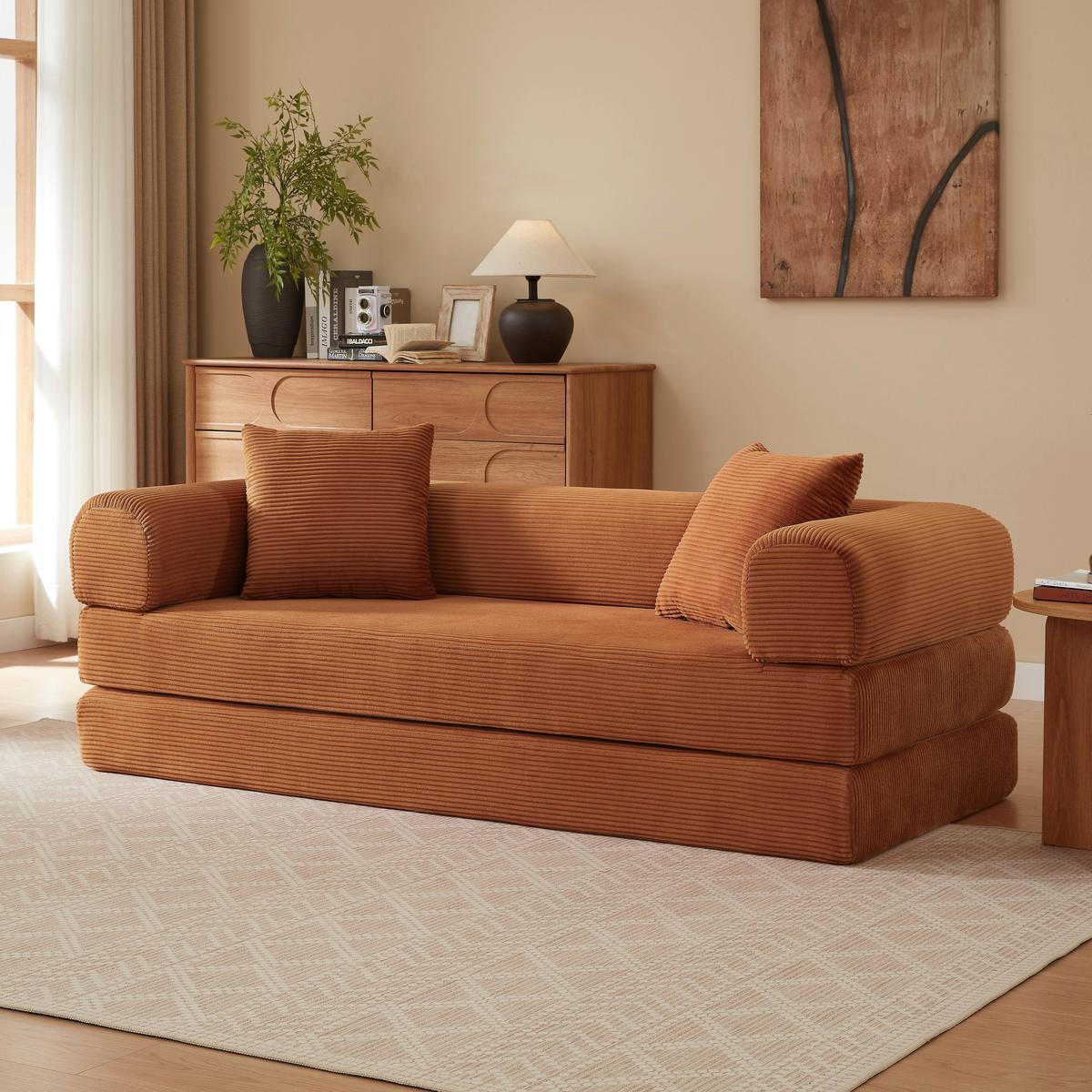 SCHLAFSOFA aus Cord in Terracotta 2-in-1 Funktion & zum Gästebett klappbar - Dunkelorange, Textil (89/59/195cm) - Urban Meuble