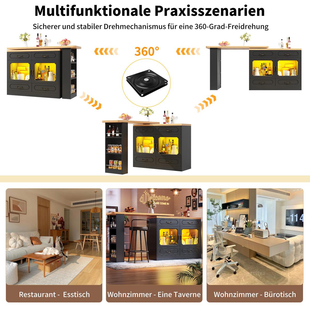BARTISCH schwarz & eiche-optik ausziehbar mit 360° drehfunktion & led - Schwarz, Holzwerkstoff (39/203/92.8cm) - Urban Meuble