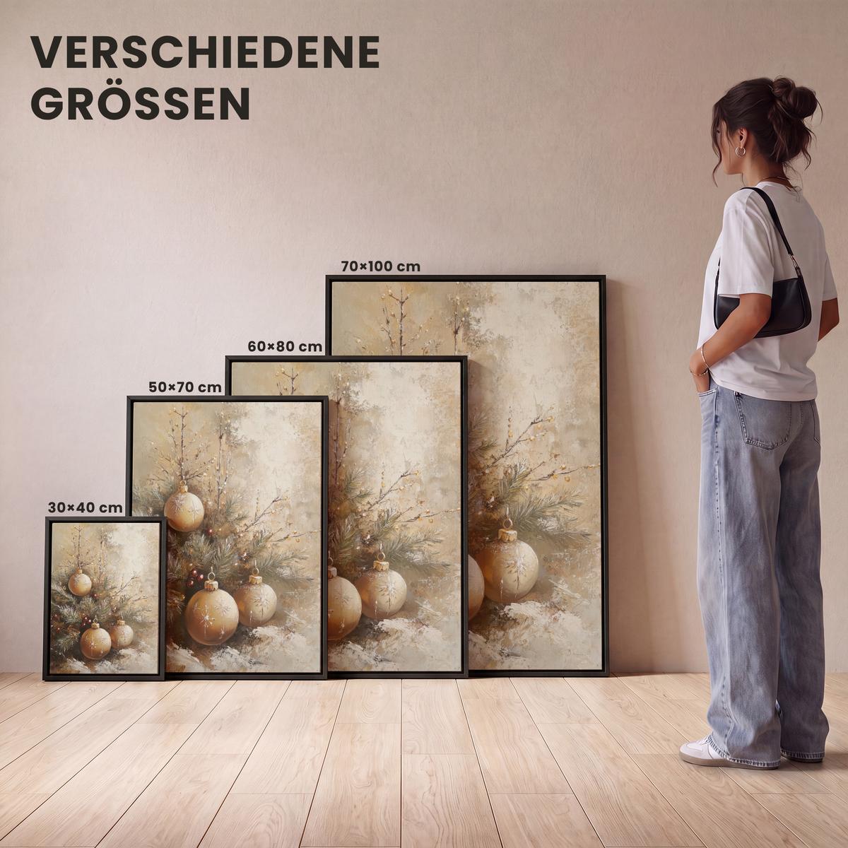 LEINWAND Bilder mit Rahmen - Weihnachten - Kugeln - Beige - Gold - 30x40 - Goldfarben, Textil (30/40cm) - MuchoWow