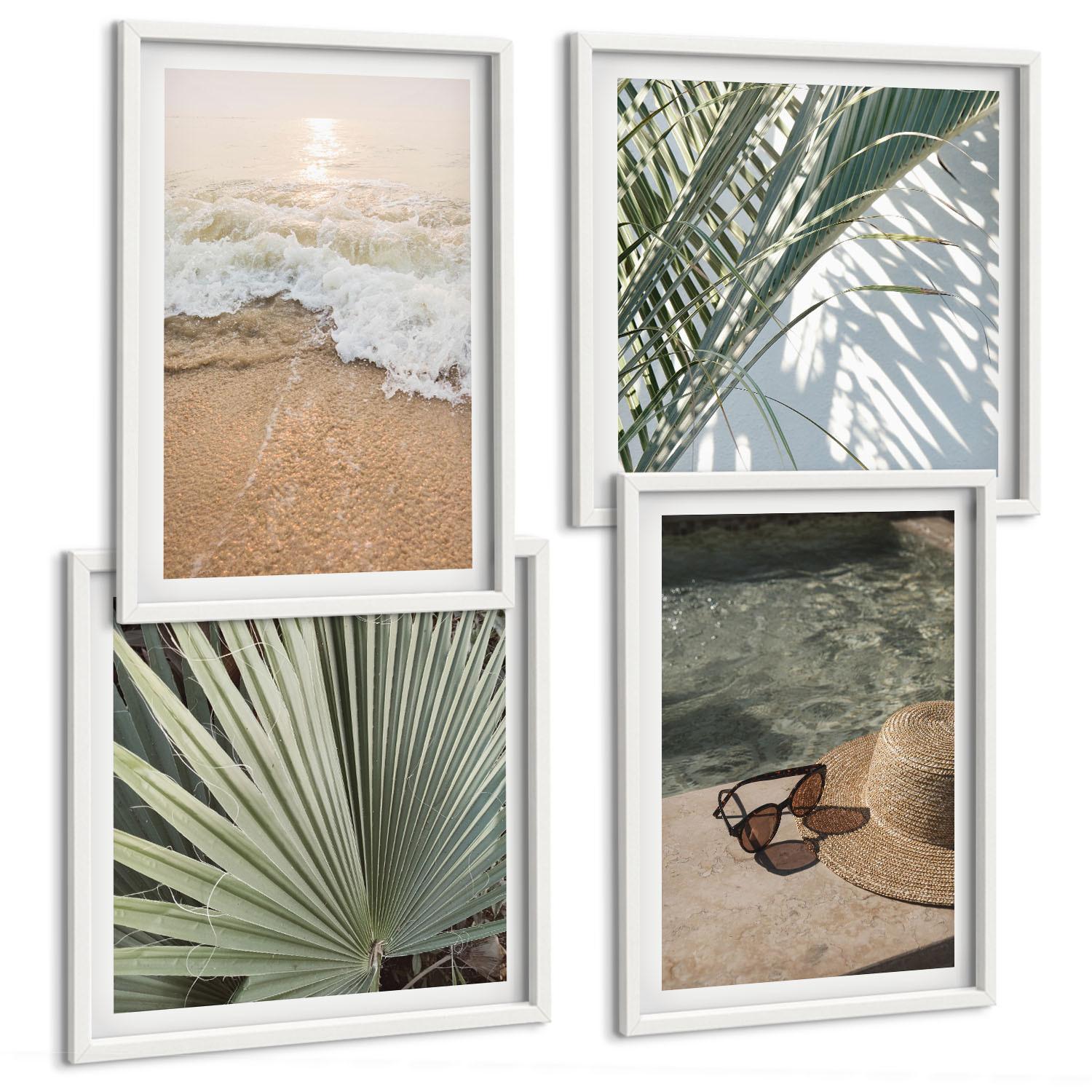 BILDER SET 4er Set - 50x50 cm & 40x60 cm Weißer Rahmen - Strandhut und Sonnenbrille - Weiß, Kunststoff (50/50cm) - TULUP