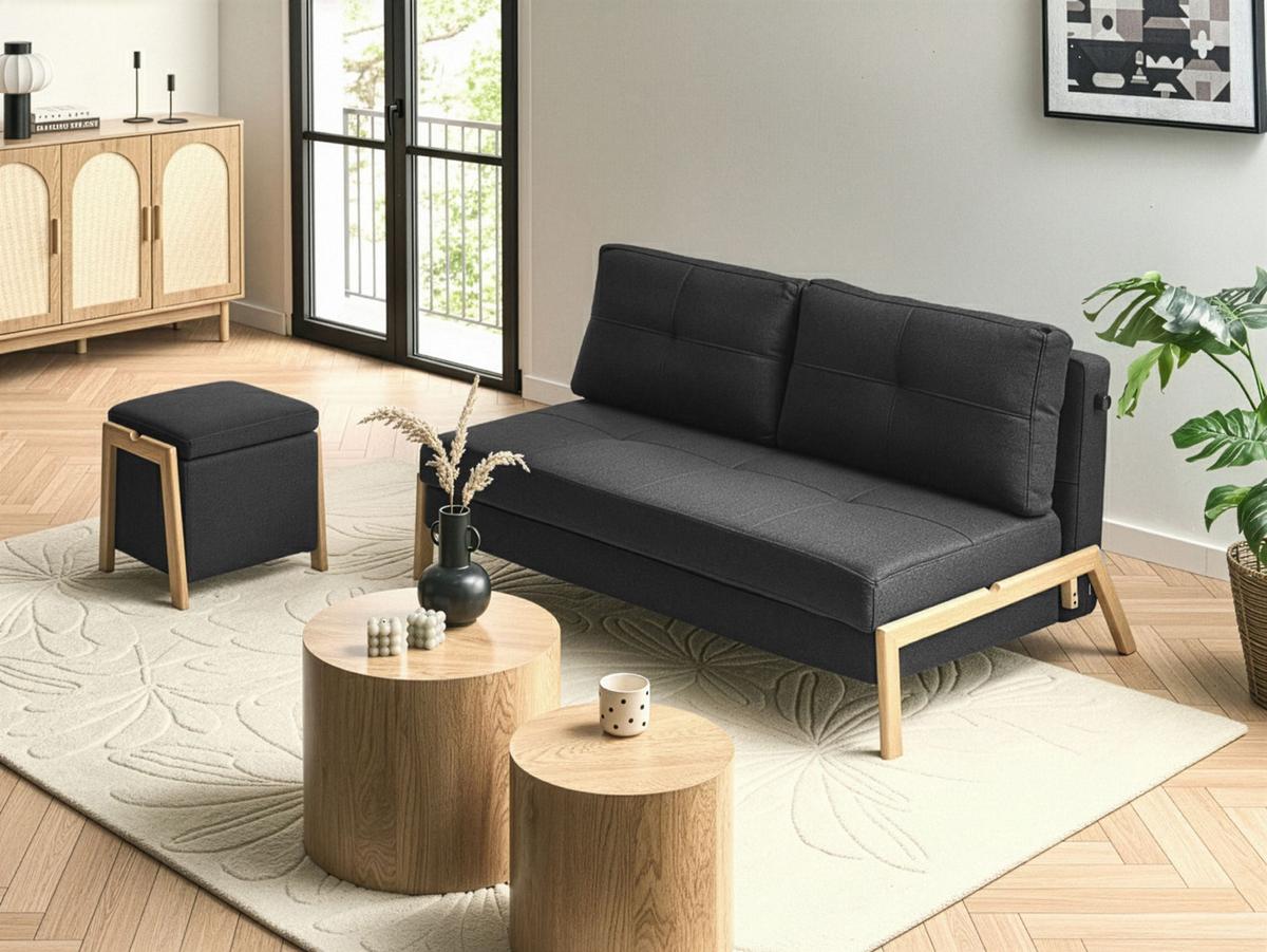SOFA-SET 3-Sitzer mit Pouf Stoff Schwarz Edland - Schwarz/Braun, Textil (152/92/76cm) - Beliani