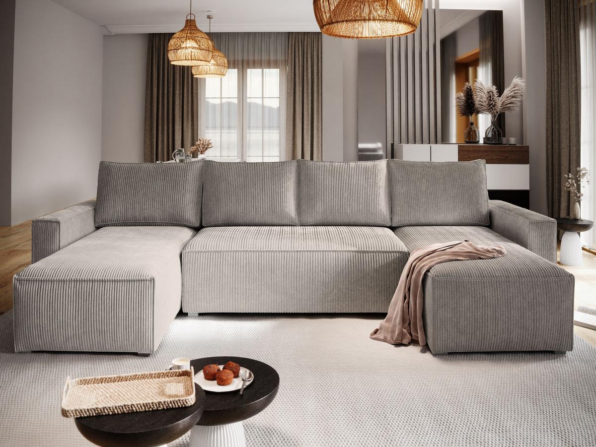 WOHNLANDSCHAFT ASPRA Beige Kordstoff mit Schlaffunktion - Beige/Grau, Holz/Kunststoff (295/85/140cm) - MASSENO
