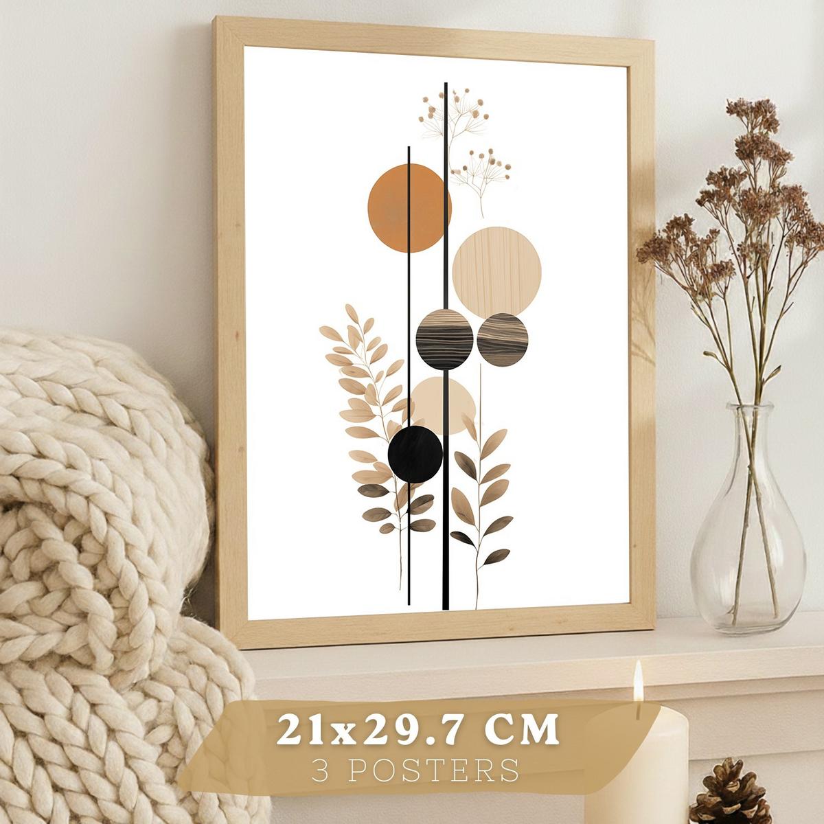 POSTER 3er-Set Wandbilder Geometrische Blumen modern Wohnzimmer Deko, Schlafzimmer, Küche, Badezimmer Leichter Holzrahmen A3 - Beige, Papier (29.7/1/42cm) - Nacnic