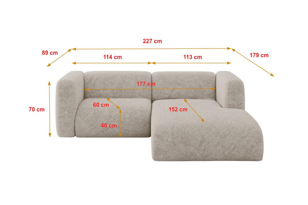 ECKSOFA Ottomane Rechts MIRA-L1 227x179x89 Beige Velours - Beige/Schwarz, Holzwerkstoff/Kunststoff (227/179cm) - ALTDECOR
