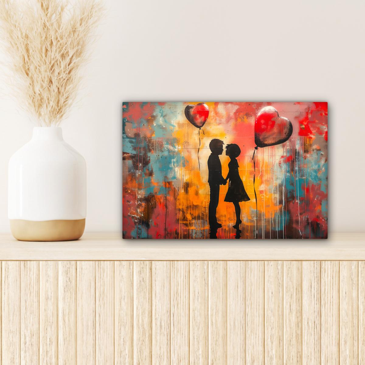 LEINWANDBILD Straßenkunst - Liebe - Graffiti - Kunst - Banksy Deko Schlafzimmer 30x20 cm - Orange, Textil (30/20cm) - MuchoWow
