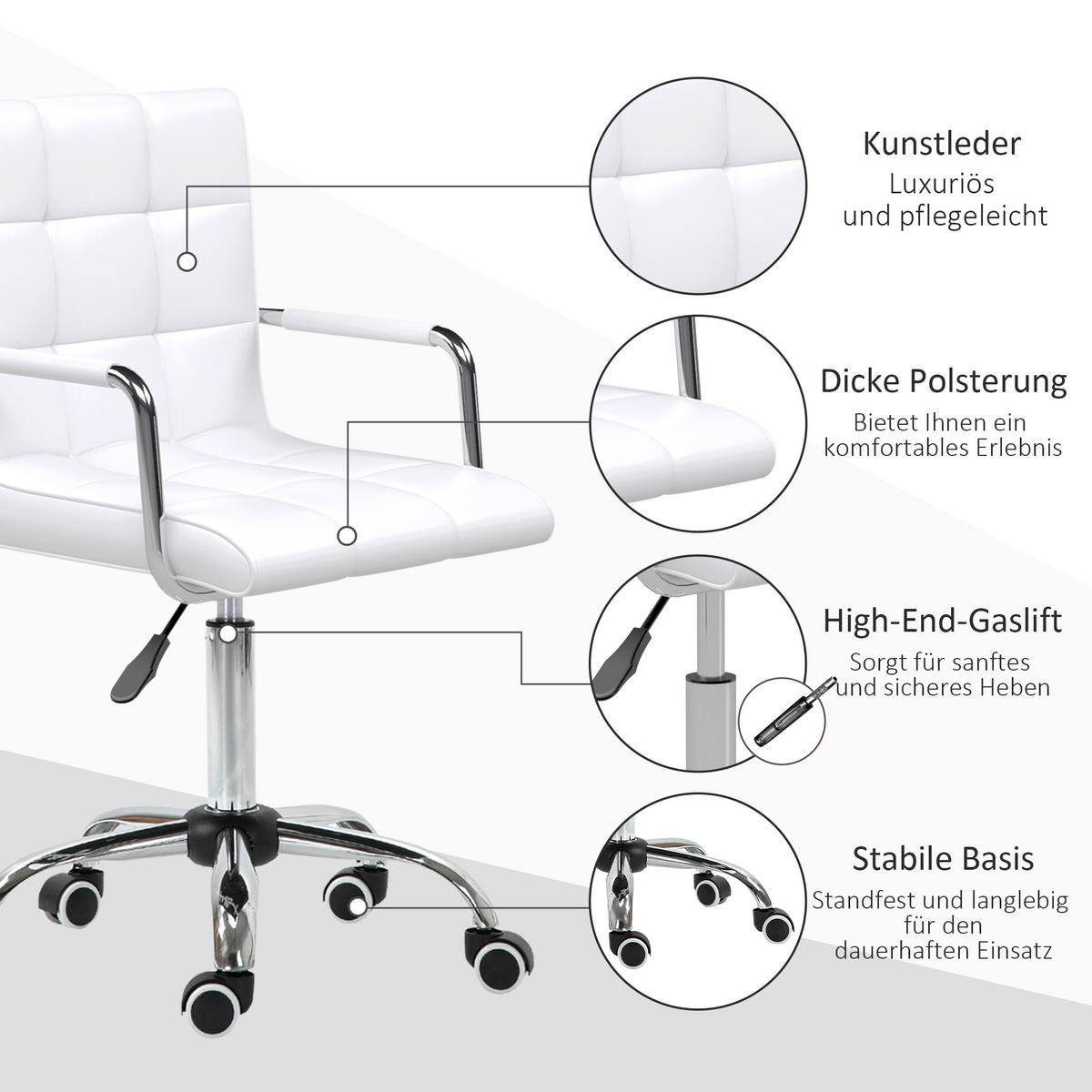 BÜROSTUHL Drehstuhl Rollhocker Drehhocker Arbeitshocker Stuhl Sessel Weiß - Weiß, Kunststoff (54/99/52.5cm) - HOMCOM