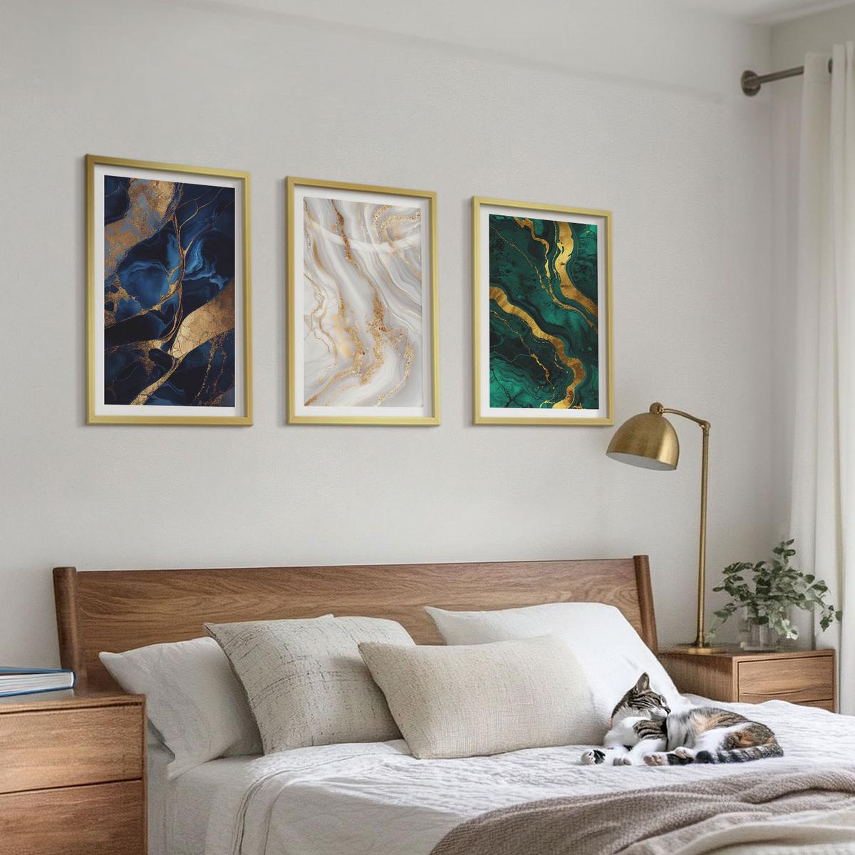BILDER SET 3er Set - 40x60 cm Goldrahmen - Abstrakte blaugrüne Muster - Goldfarben, Kunststoff (40/60cm) - TULUP