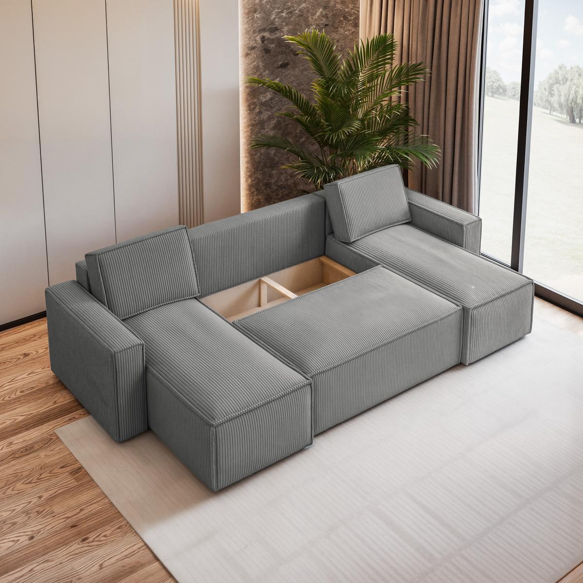 WOHNLANDSCHAFT PESANO P Hellgrau Kordstoff mit Schlaffunktion - Hellgrau/Grau, Holz/Kunststoff (306/85/140cm) - MASSENO