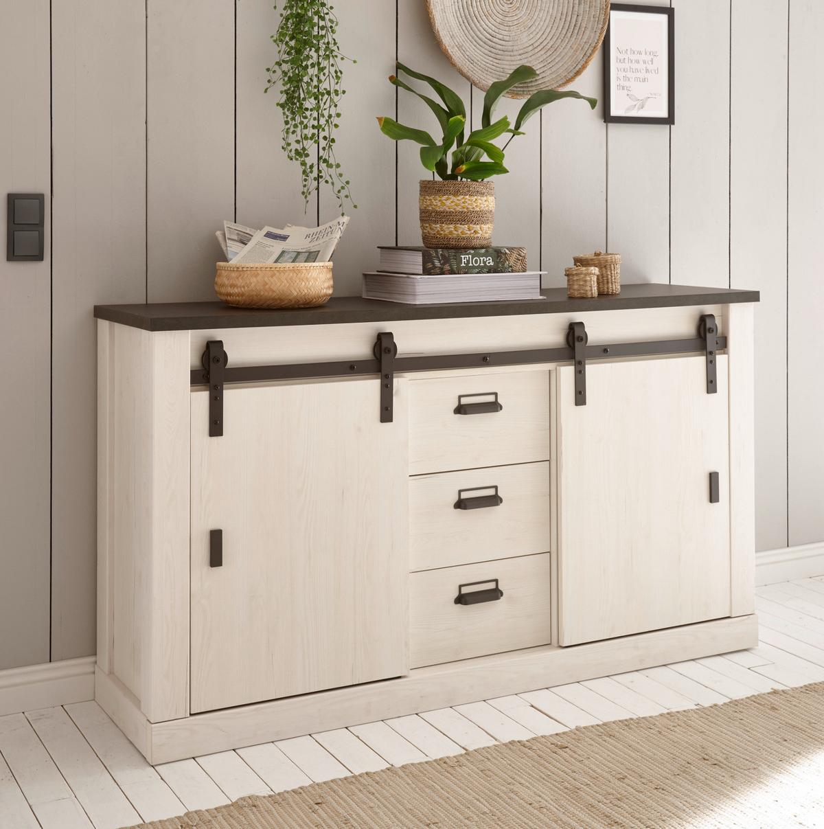 SIDEBOARD weiß Pinie, anthrazit Landhaus, Kommode 162 x 91 cm - Anthrazit/Weiß, Holzwerkstoff/Metall (162/91/43cm) - Furn.Design