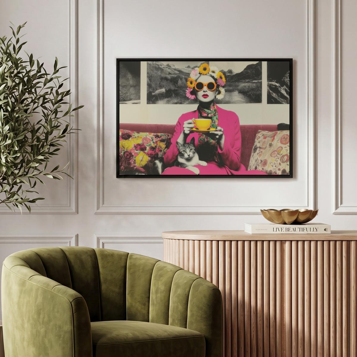 LEINWAND Bilder mit Rahmen - Frau - Katze - Blumen - Tasse - Retro - 60x40 - Magenta, Textil (60/40cm) - MuchoWow