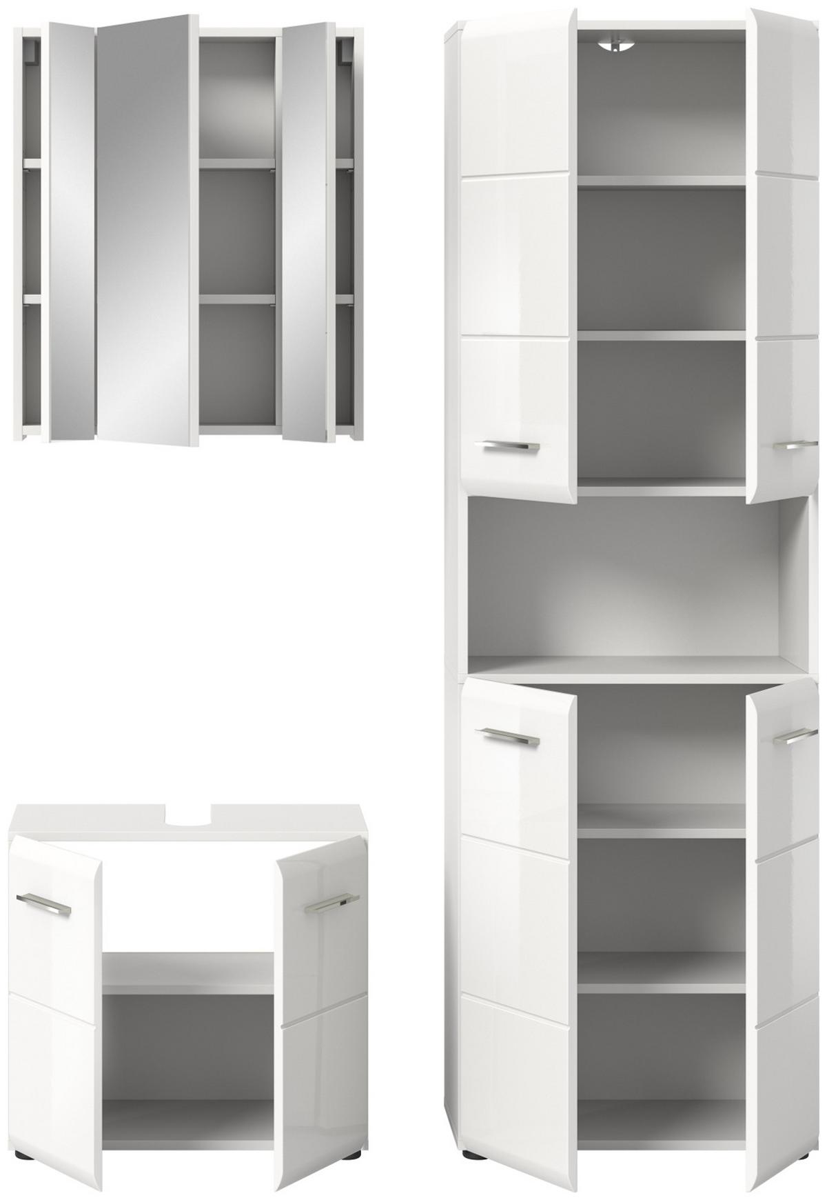 BADMÖBEL-SET 3-teilig weiß Hochglanz, Badkombination 135 cm mit viel Stauraum - Weiß Hochglanz/Silberfarben, Glas/Holzwerkstoff (135/185/30cm) - Inn.Furn
