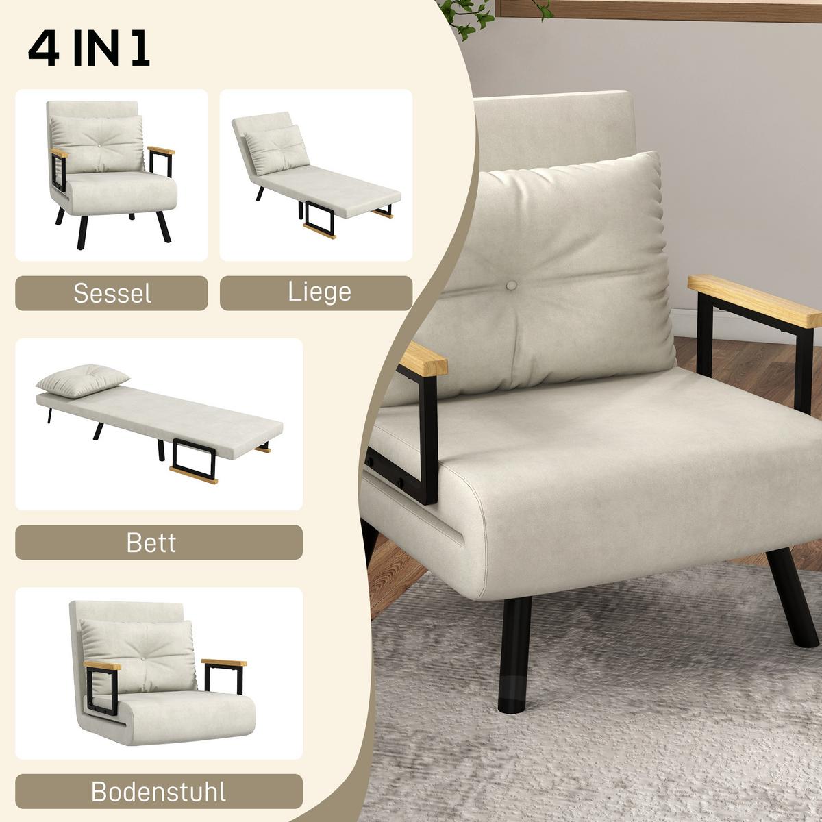 SCHLAFSESSEL, Einzelsofa mit Bettfunktion, Relaxsessel mit Rückenkissen Creme - Creme/Schwarz, Holz/Textil (63/81/73cm) - HOMCOM