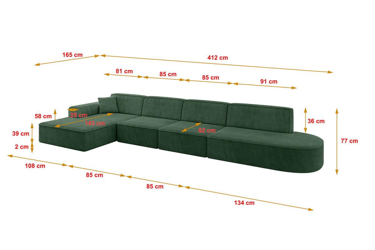 ECKSOFA Ottomane Links IREA-L3-v3 - 412x165x77 cm Grün - Currygelb, Holzwerkstoff/Textil (412/165cm) - ALTDECOR