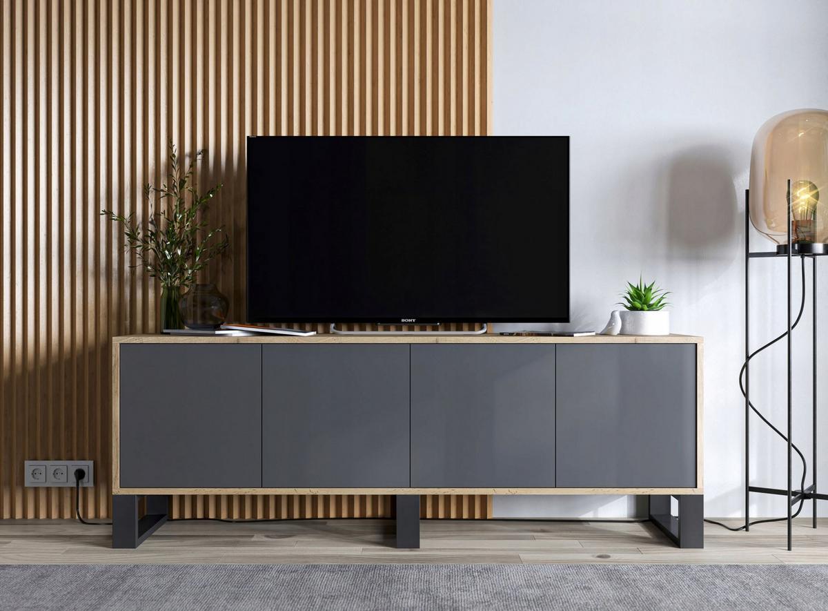 TV-SCHRANK Apollo2 Eiche wotan Graphit Matt mit Metallbeinen 150/53/35 cm - Graphitfarben/Schwarz, Holzwerkstoff/Metall (150/53/35cm) - Meble Lindner