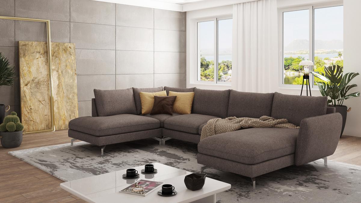 WOHNLANDSCHAFT Elou Khaki Luxusmicrofaser - Chromfarben/Dunkelbraun, Textil/Metall (336/87/200cm) - S-Style