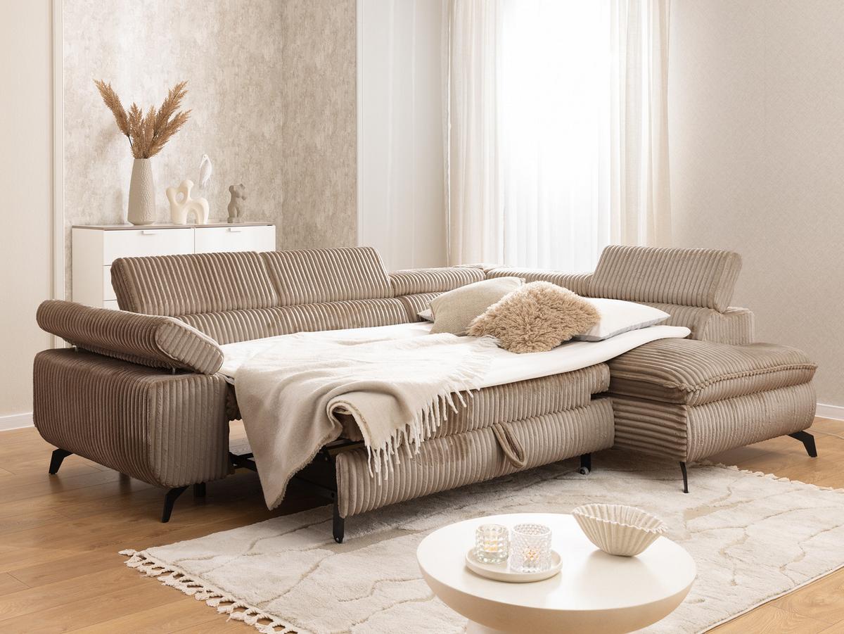 ECKSOFA mit Schlaffunktion und Bettkasten Bonnie aus Beige Cord-Stoff mit verstellbaren Kopfstützen und Armlehne - Ottomane rechts - Beige/Schwarz, Holz/Textil (275/210cm) - S-Style Möbel