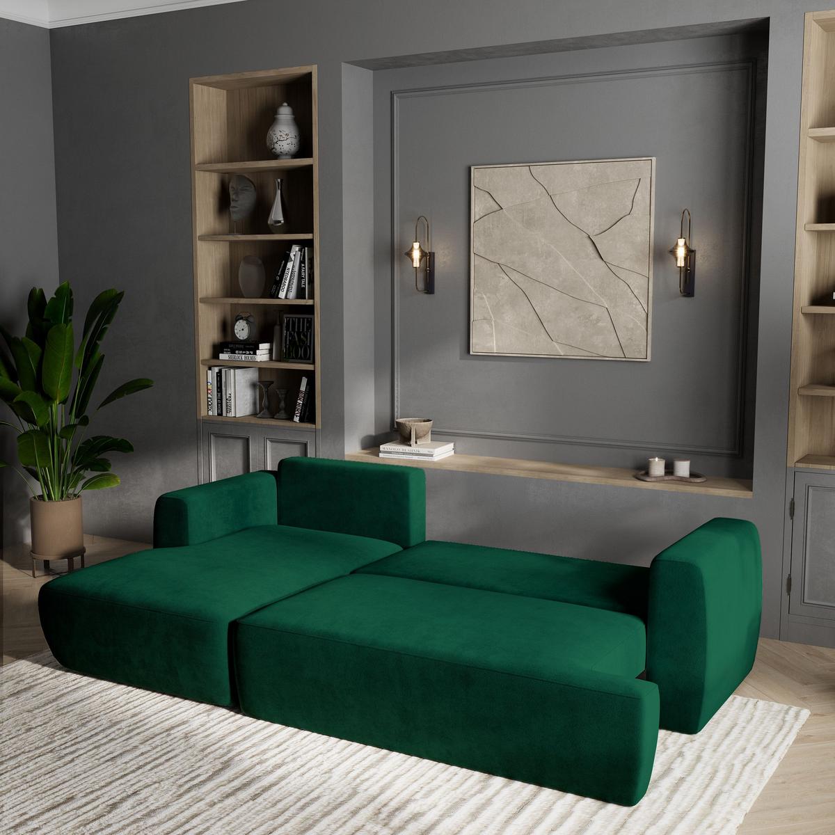 ECKSOFA SENTI K L-S Grün Plüsch-Stoff mit Schlaffunktion - Schwarz/Grün, Holz/Kunststoff (246/148cm) - MASSENO