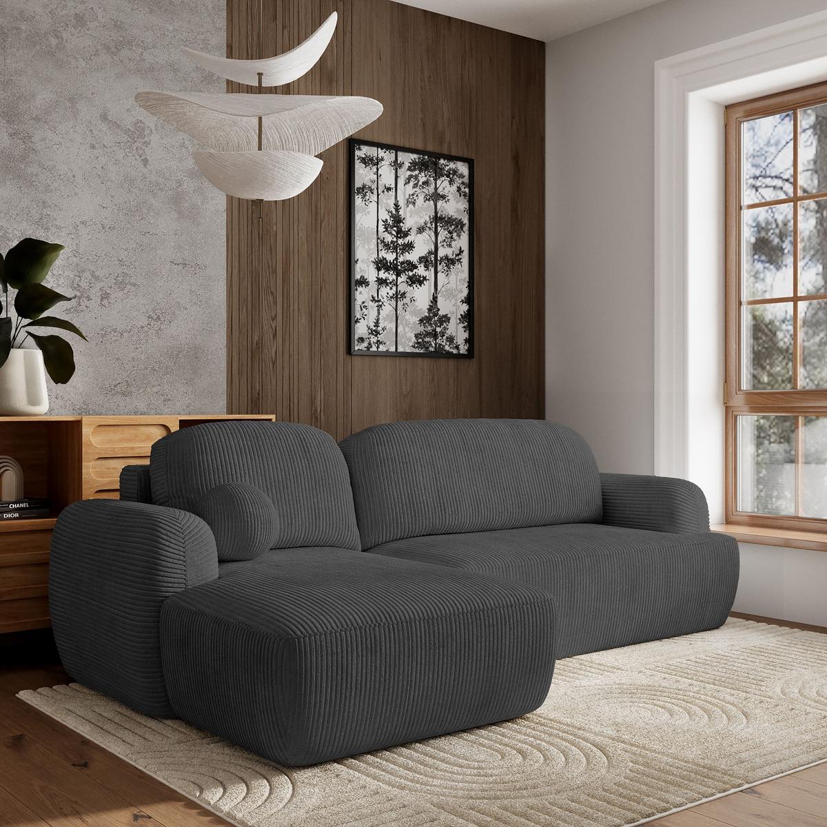 ECKSOFA MODENZA P L-S Graphitfarben Kordstoff mit Schlaffunktion - Graphitfarben/Schwarz, Holz/Kunststoff (266/148cm) - MASSENO