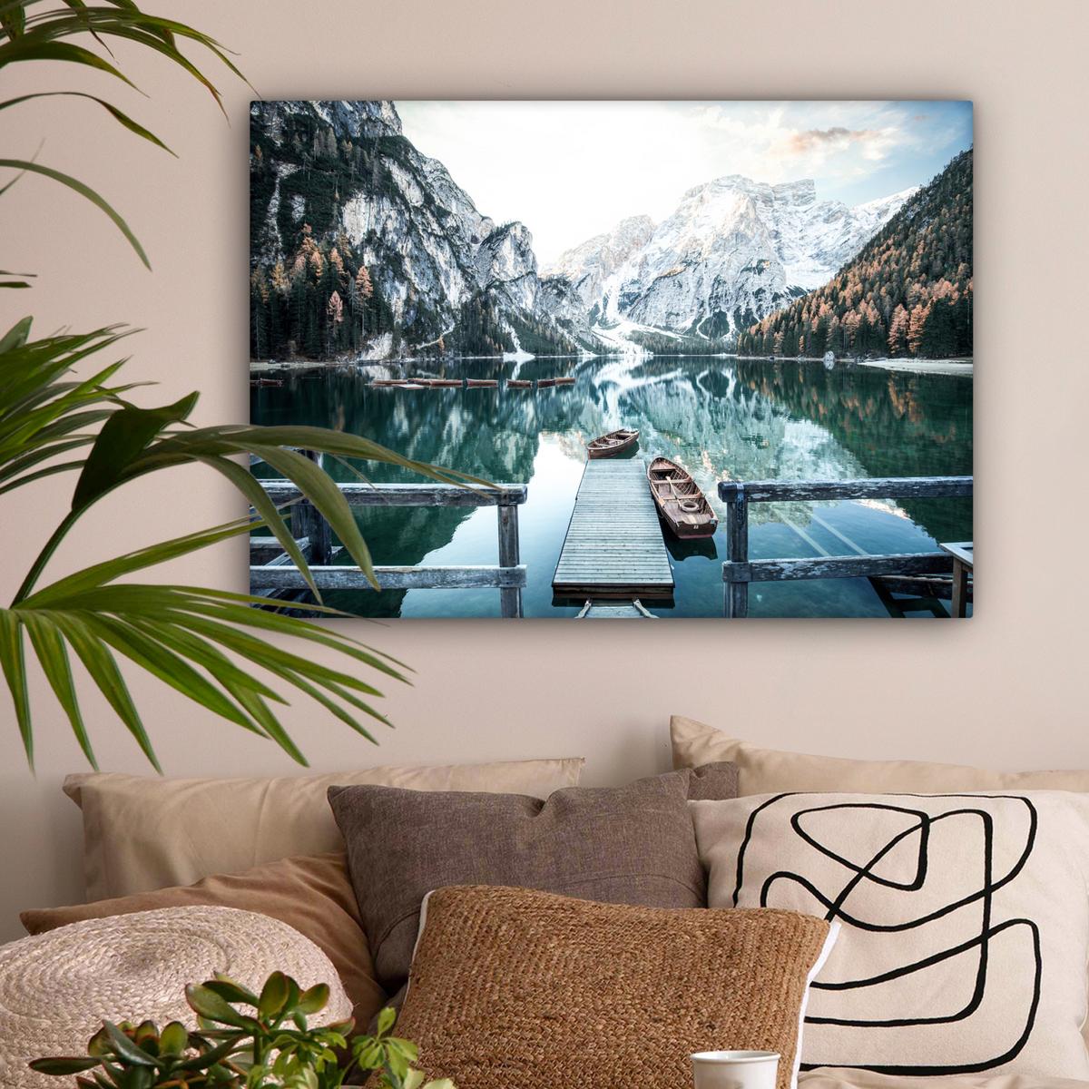LEINWANDBILD Natur - Berge - Schnee - Wald - Boot Wandbilder 80x60 cm - Hellgrün, Textil (80/60cm) - MuchoWow
