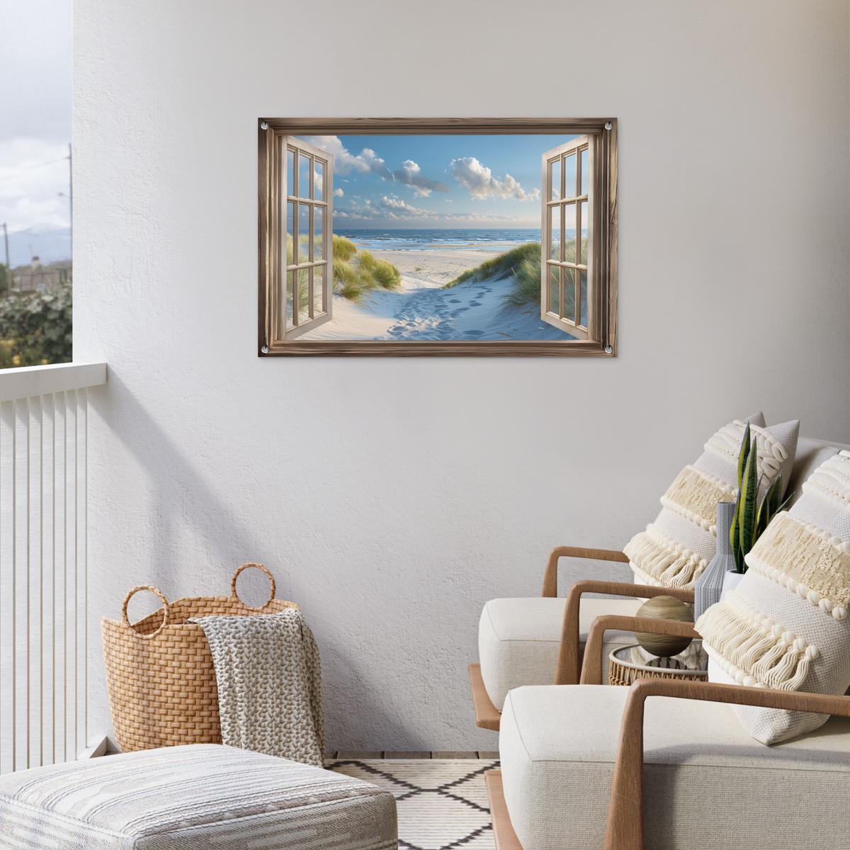 GARTENPOSTER Aussicht - Strand - Fenster - Dünen - Meer Gartendeko 90x60 cm - Hellblau, Kunststoff (90/60/0.2cm) - OnlyWow