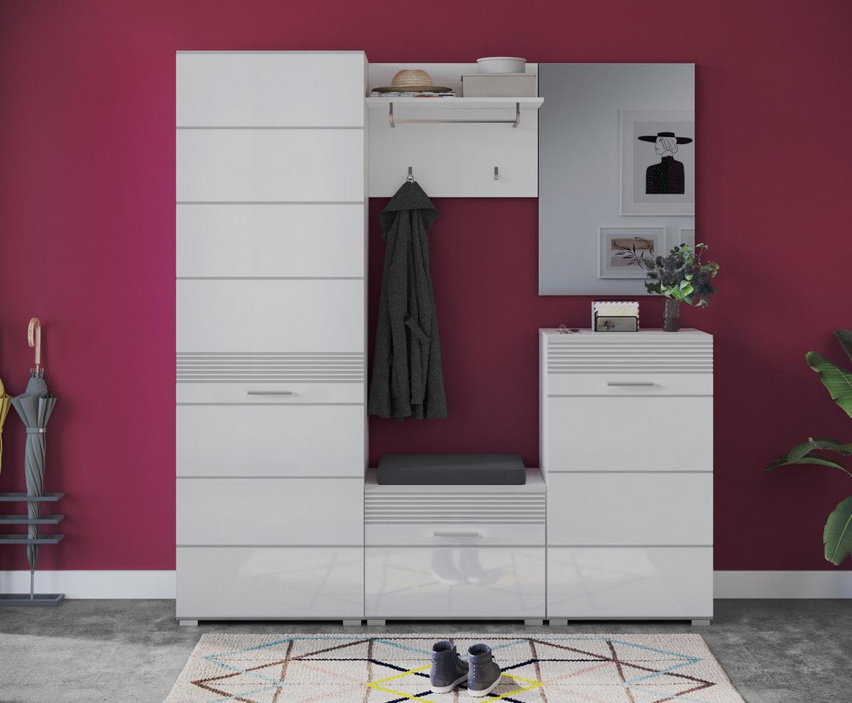SCHUHSCHRANK weiß Hochglanz 55 cm, Garderobenschrank mit 6 Fächern - Weiß Hochglanz/Silberfarben, Holzwerkstoff/Kunststoff (55/190/37cm) - Inn.Furn
