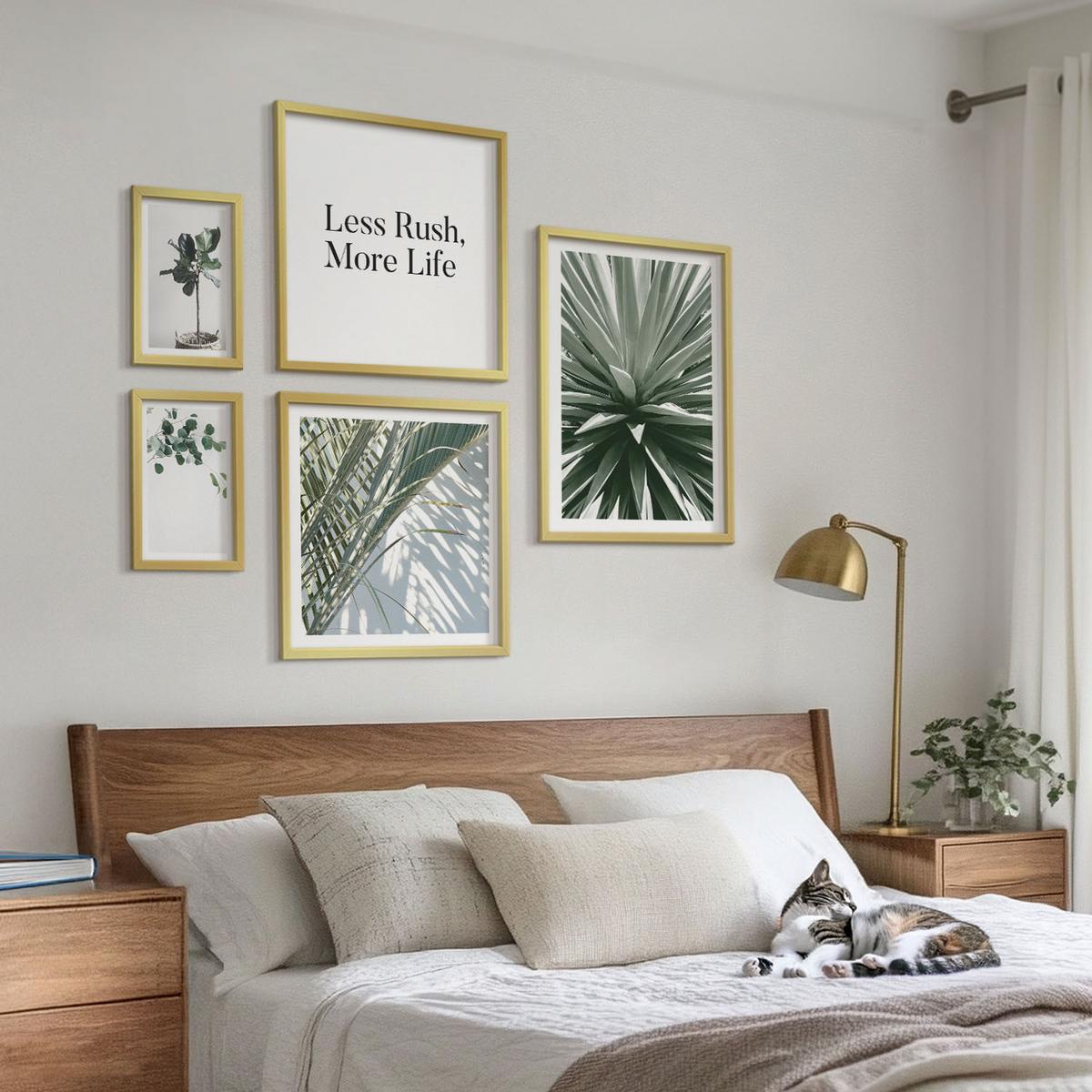 BILDER SET 5er Set - 50x50 cm & 20x30 cm & 40x60 cm Goldrahmen - Minimalismus mit grünen Pflanzen - Goldfarben, Kunststoff (40/60cm) - TULUP