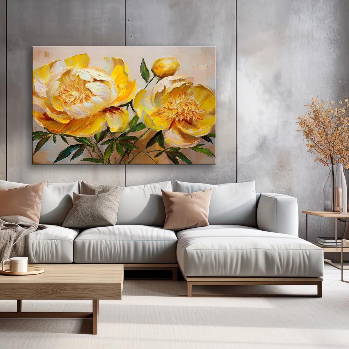 WANDBILD gelbe pfingstrose gemalte blume - Gelb, Textil (60/40cm) - Feeby